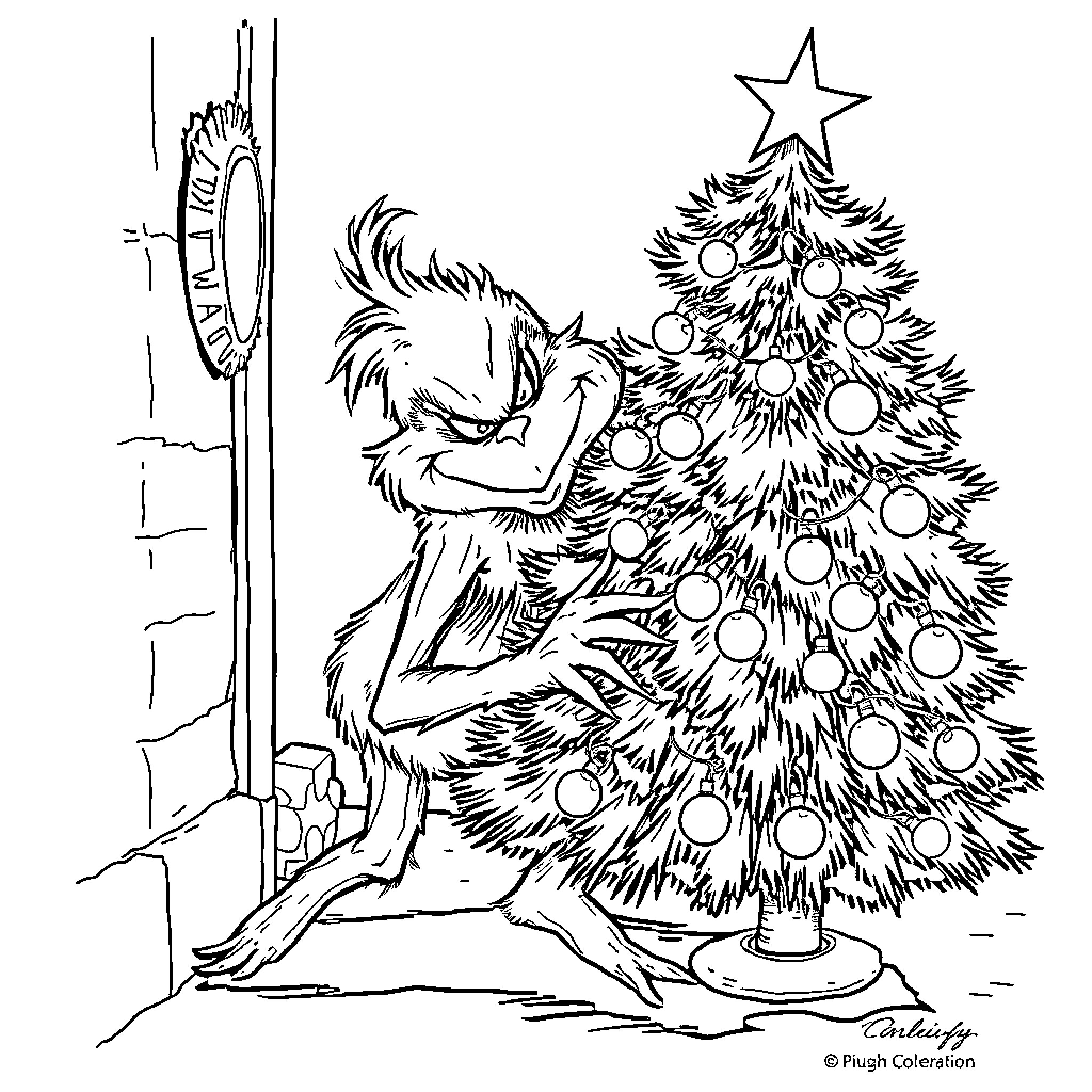 Grinch decorating Christmas tree with ornaments Coloring Page (free black-and-white line drawing printable PDF for all, from beginners to advanced learners, including children, teens, adults, and seniors)