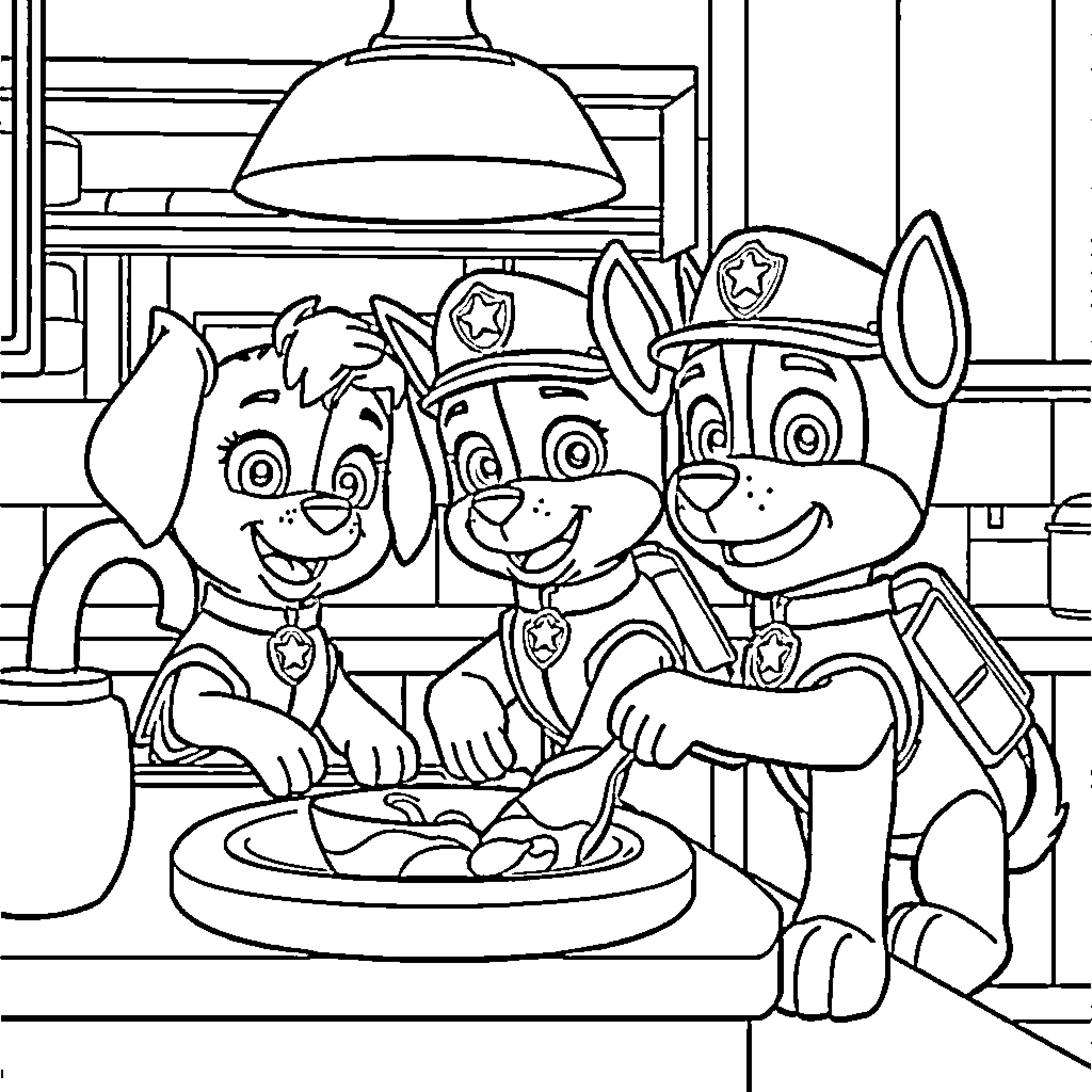 Paw Patrol Pups Serving Treats in the Kitchen Coloring Page (free black-and-white line drawing printable PDF for all, from beginners to advanced learners, including children, teens, adults, and seniors)