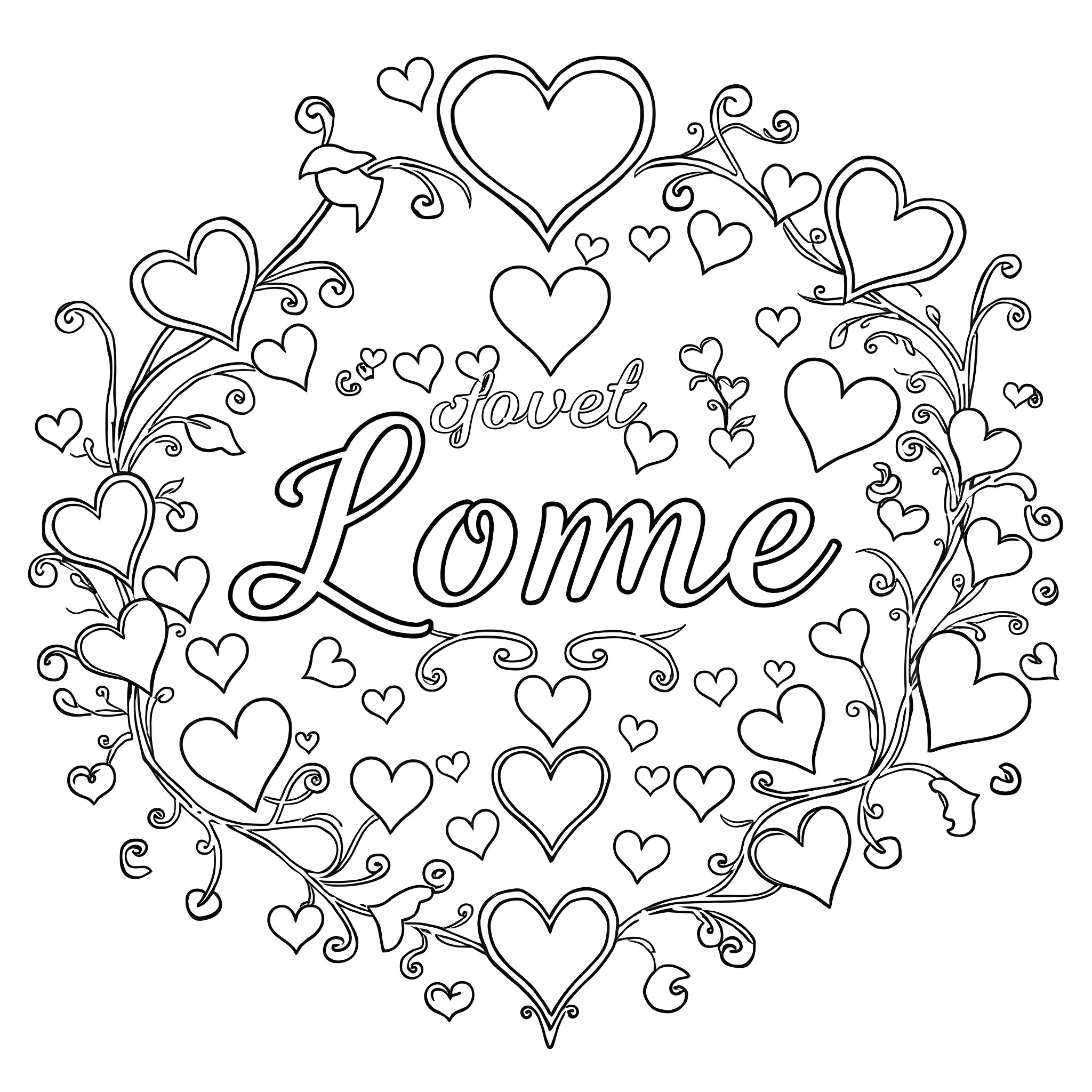 Name of hearts and floral pattern with the text 'Je t'aime Lome' Coloring Page (free black-and-white line drawing printable PDF for all, from beginners to advanced learners, including children, teens, adults, and seniors)