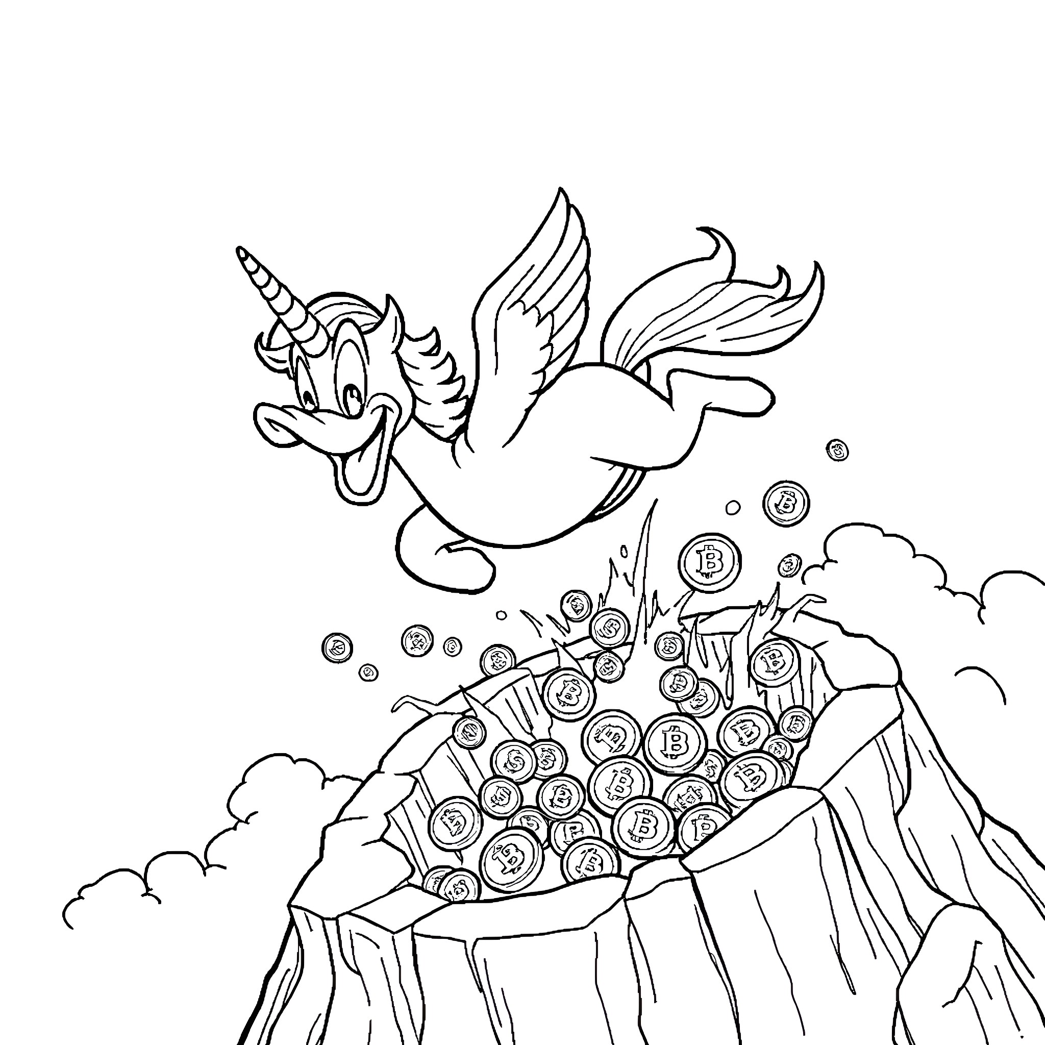 Unicorn soaring through the sky with treasures Coloring Page (free black-and-white line drawing printable PDF for all, from beginners to advanced learners, including children, teens, adults, and seniors)