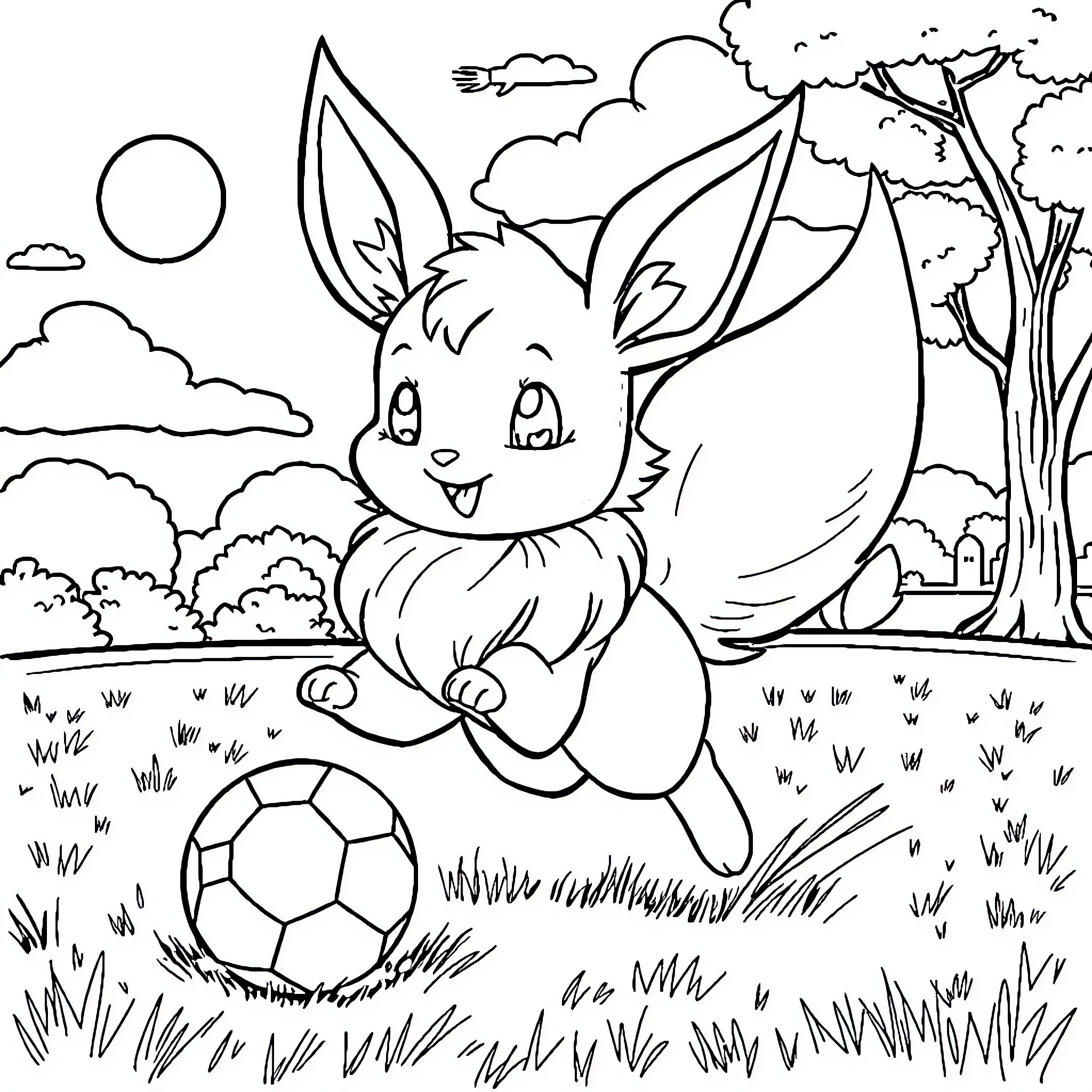 Eevee playing with a soccer ball in the meadow Coloring Page (free black-and-white line drawing printable PDF for all, from beginners to advanced learners, including children, teens, adults, and seniors)