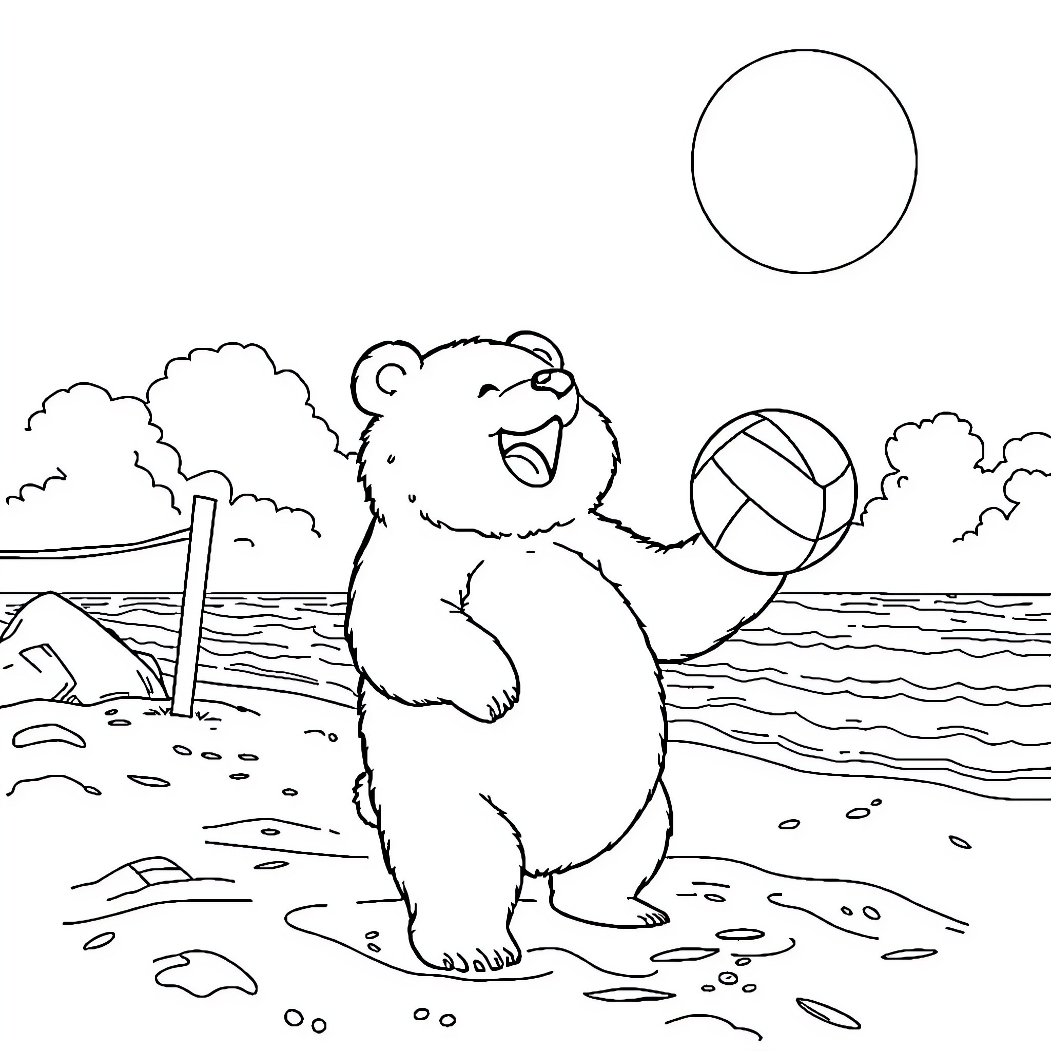Bear playing with beach ball on the shore Coloring Page (free black-and-white line drawing printable PDF for all, from beginners to advanced learners, including children, teens, adults, and seniors)