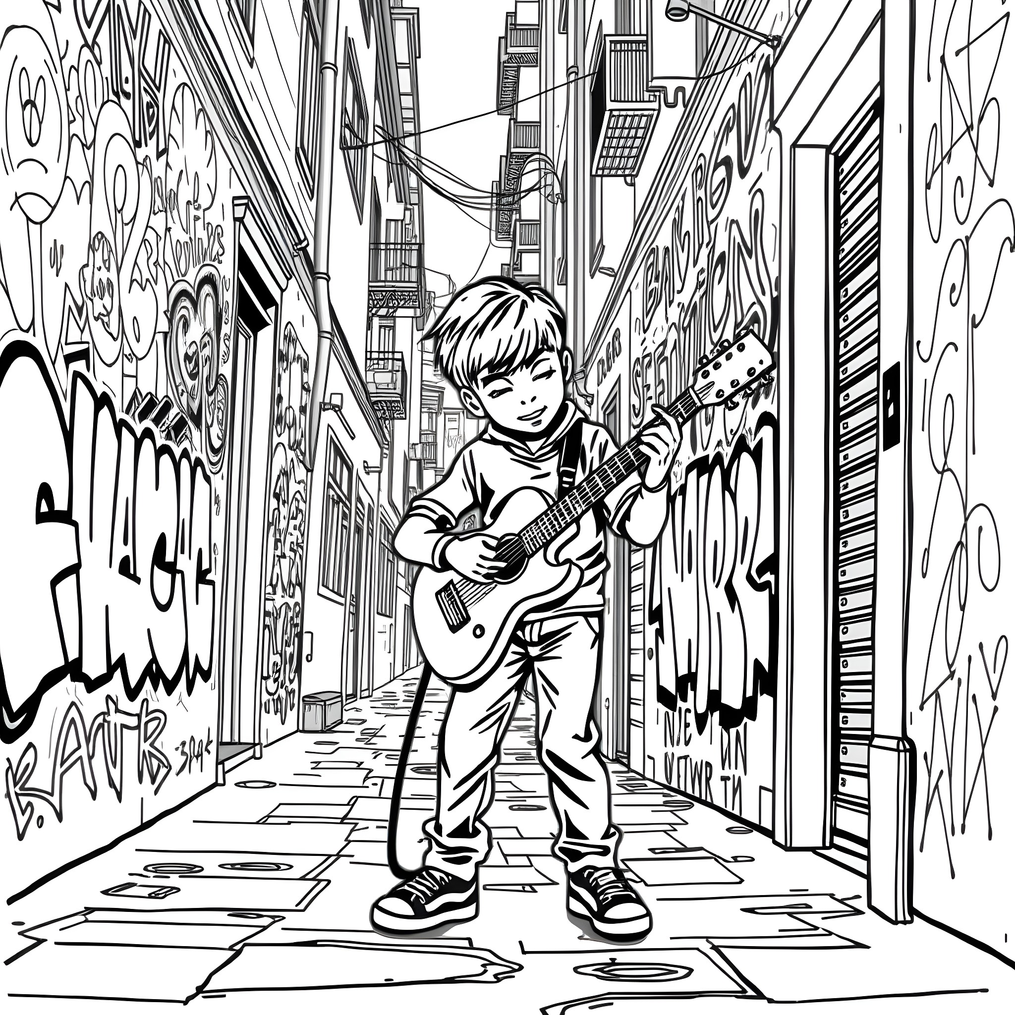 Boy Guitarist Playing on the Street Coloring Page (free black-and-white line drawing printable PDF for all, from beginners to advanced learners, including children, teens, adults, and seniors)