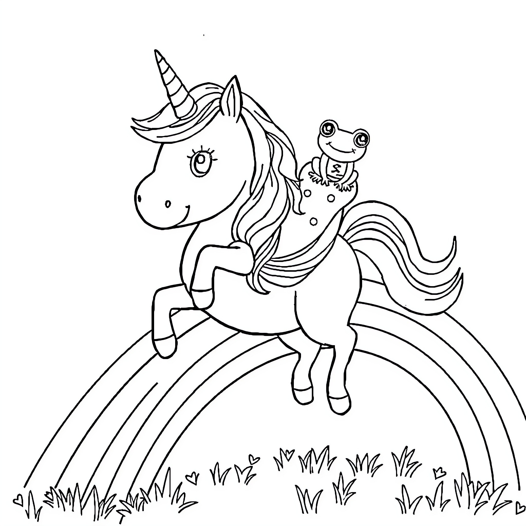 Unicorn and Frog Riding Across the Rainbow Coloring Page (free black-and-white line drawing printable PDF for all, from beginners to advanced learners, including children, teens, adults, and seniors)