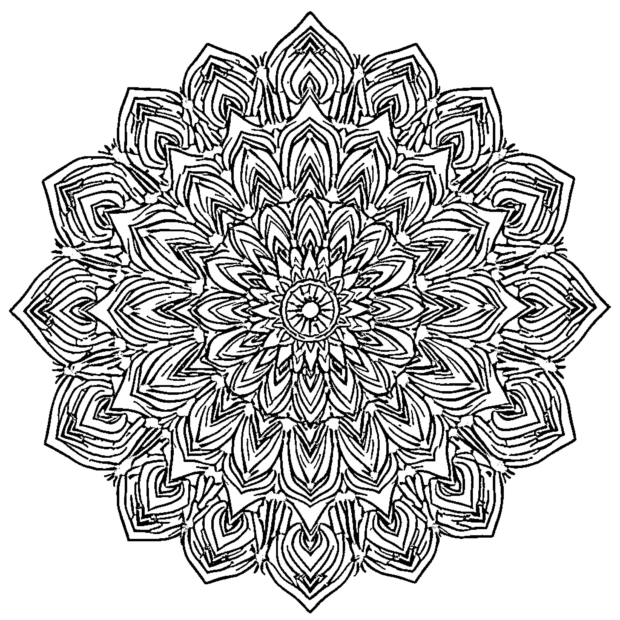 Mandala of intricate floral patterns Coloring Page (free black-and-white line drawing printable PDF for all, from beginners to advanced learners, including children, teens, adults, and seniors)