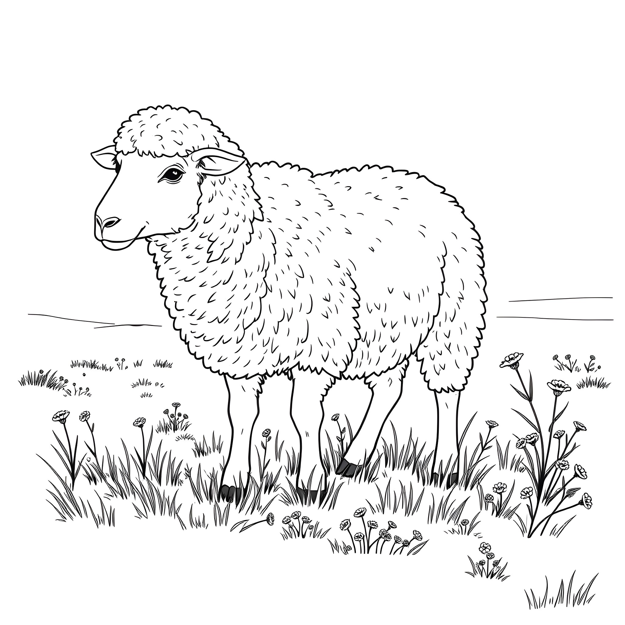 Sheep grazing peacefully in a grassy field Coloring Page (free black-and-white line drawing printable PDF for all, from beginners to advanced learners, including children, teens, adults, and seniors)