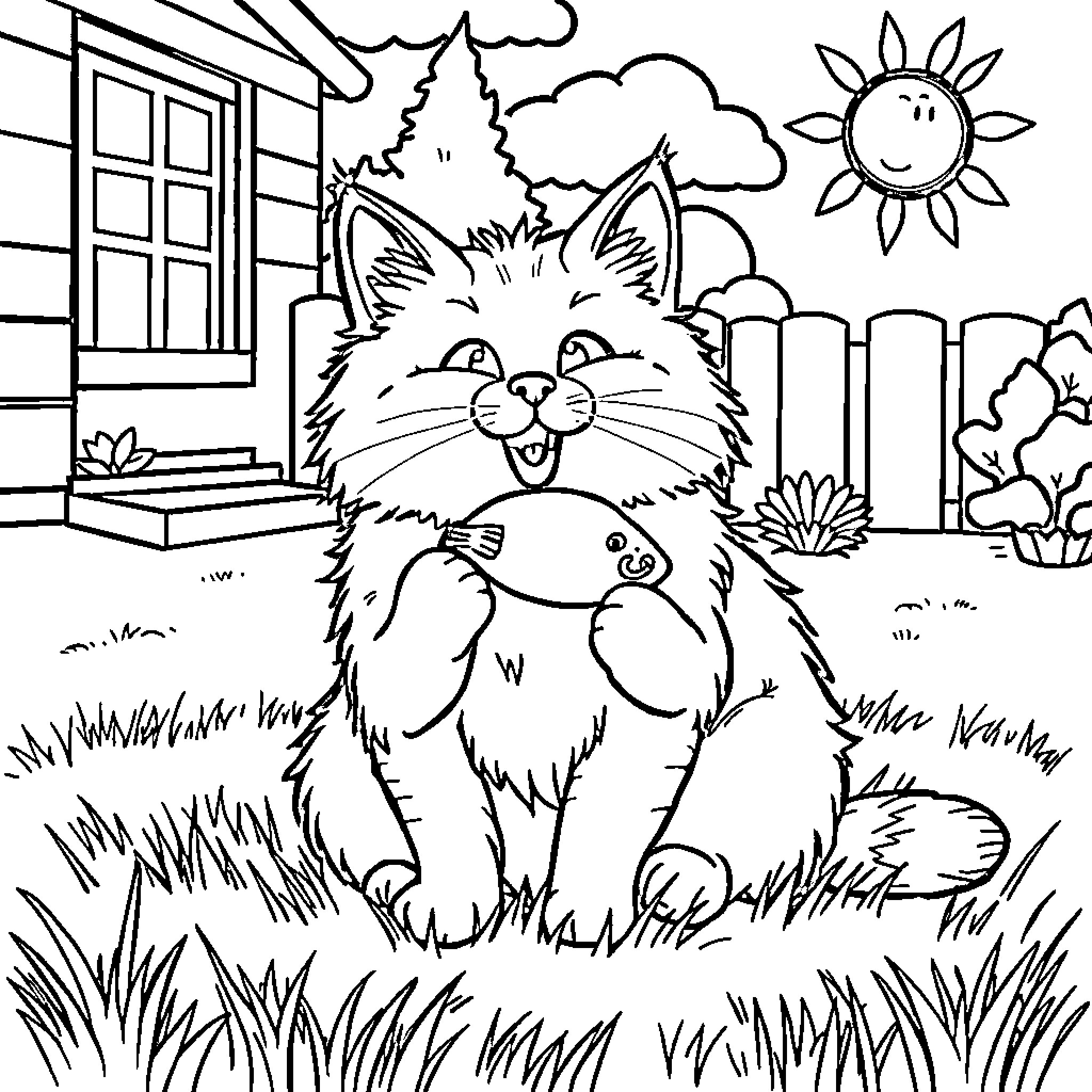 Cat enjoying the sunny outdoors Coloring Page (free black-and-white line drawing printable PDF for all, from beginners to advanced learners, including children, teens, adults, and seniors)