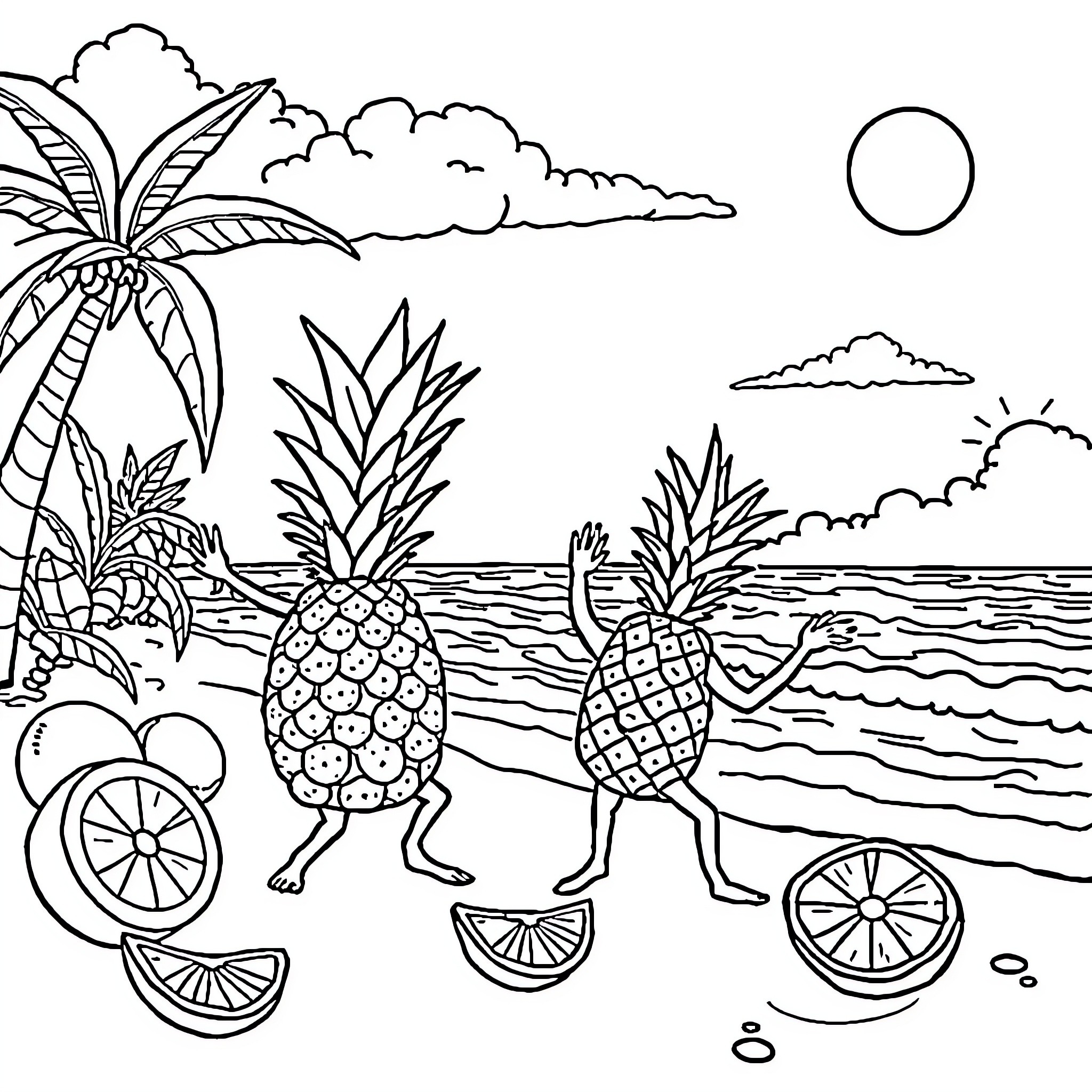 Fruit characters enjoying tropical beach scene Coloring Page (free black-and-white line drawing printable PDF for all, from beginners to advanced learners, including children, teens, adults, and seniors)