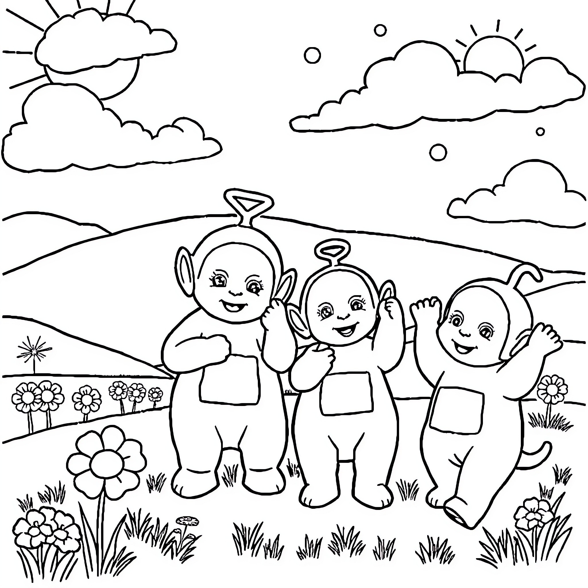 Teletubbies enjoying a sunny day outdoors Coloring Page (free black-and-white line drawing printable PDF for all, from beginners to advanced learners, including children, teens, adults, and seniors)