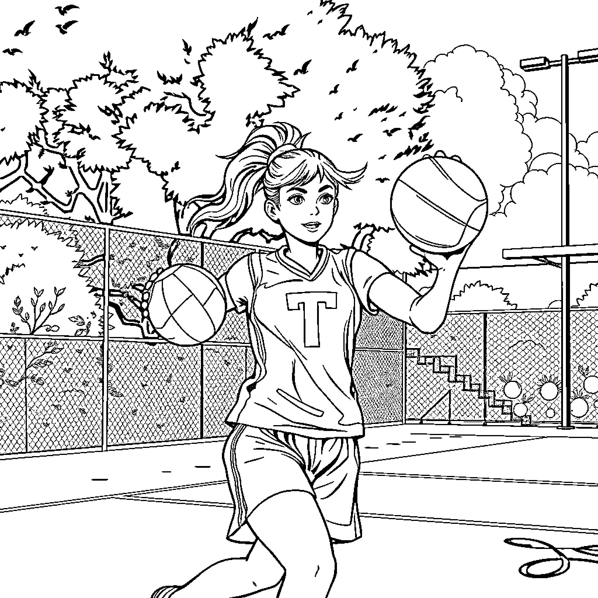 Girl playing volleyball outdoors on the court Coloring Page (free black-and-white line drawing printable PDF for all, from beginners to advanced learners, including children, teens, adults, and seniors)