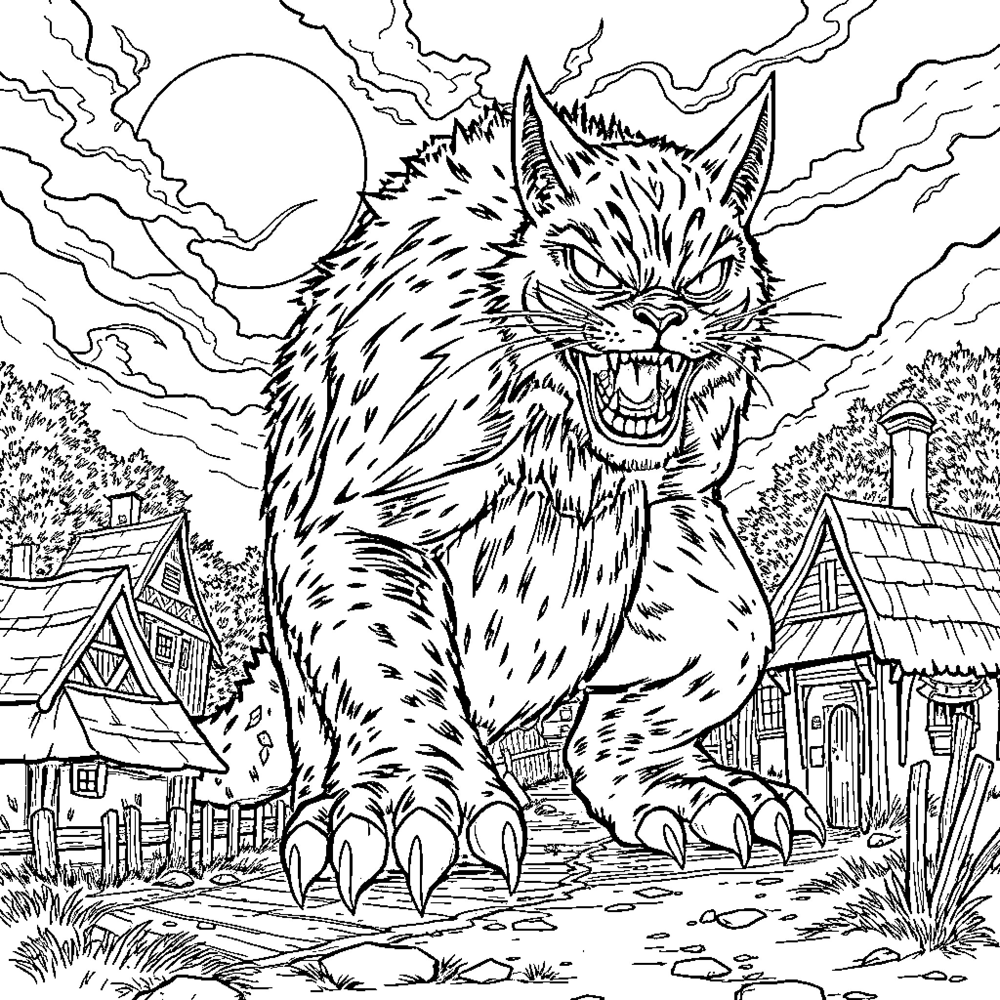 Monster Cat Stalking Aggressively in the Moonlit Village Coloring Page (free black-and-white line drawing printable PDF for all, from beginners to advanced learners, including children, teens, adults, and seniors)