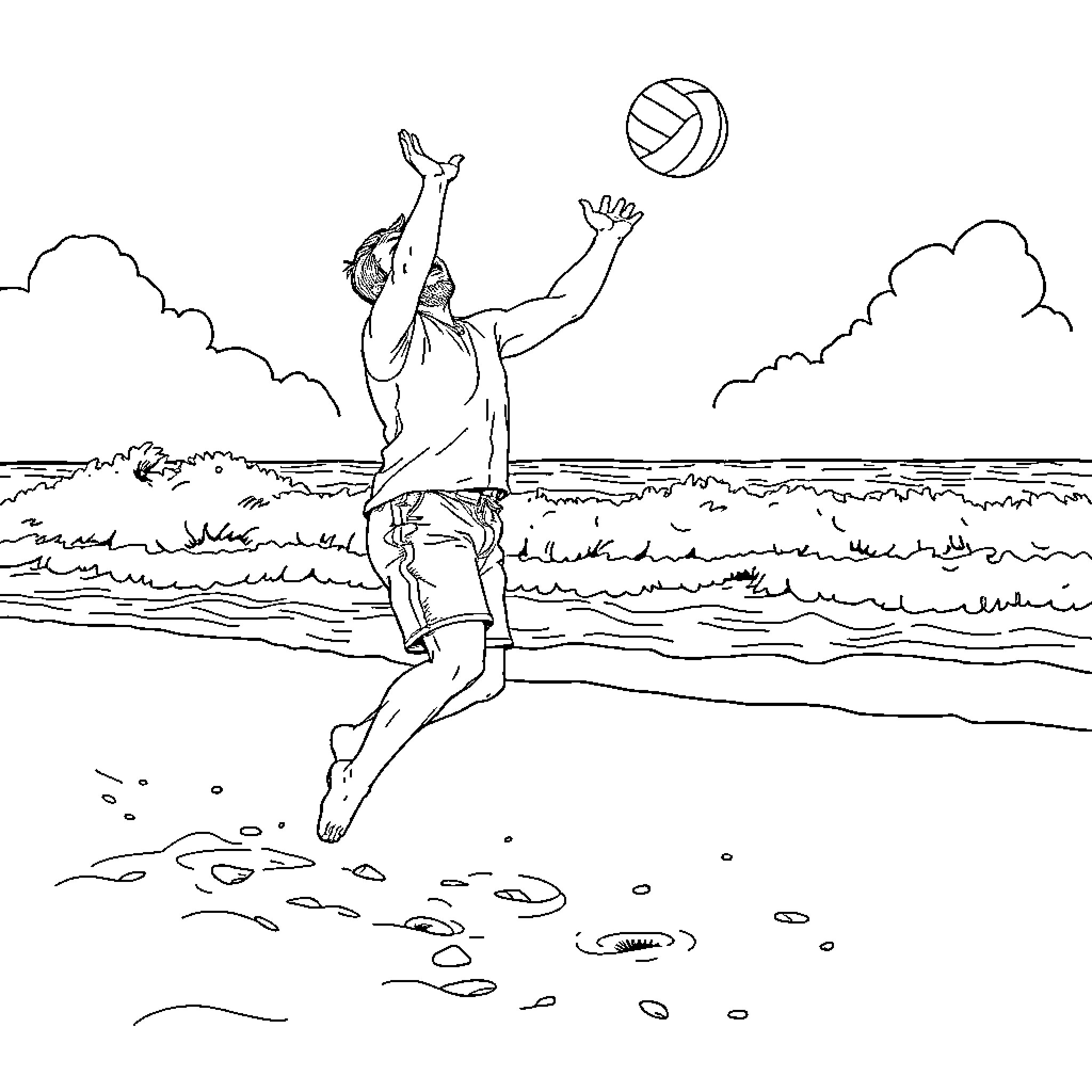 Alex Jones playing beach volleyball Coloring Page (free black-and-white line drawing printable PDF for all, from beginners to advanced learners, including children, teens, adults, and seniors)
