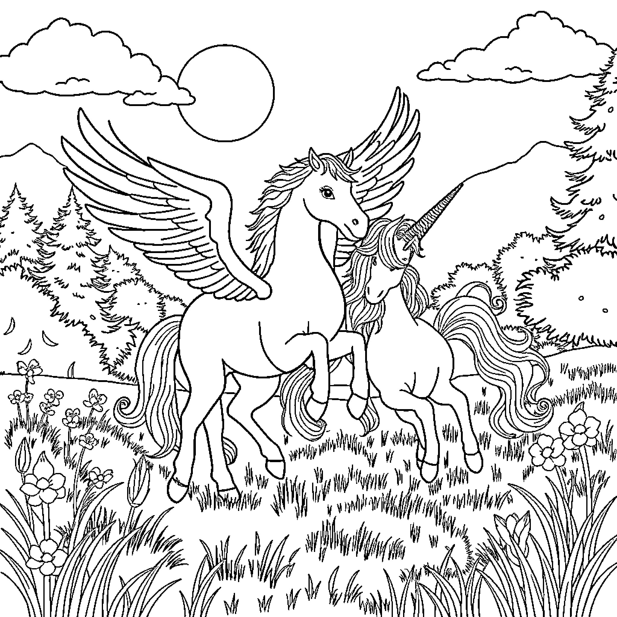 Pegasus unicorn soaring through enchanted forest Coloring Page (free black-and-white line drawing printable PDF for all, from beginners to advanced learners, including children, teens, adults, and seniors)