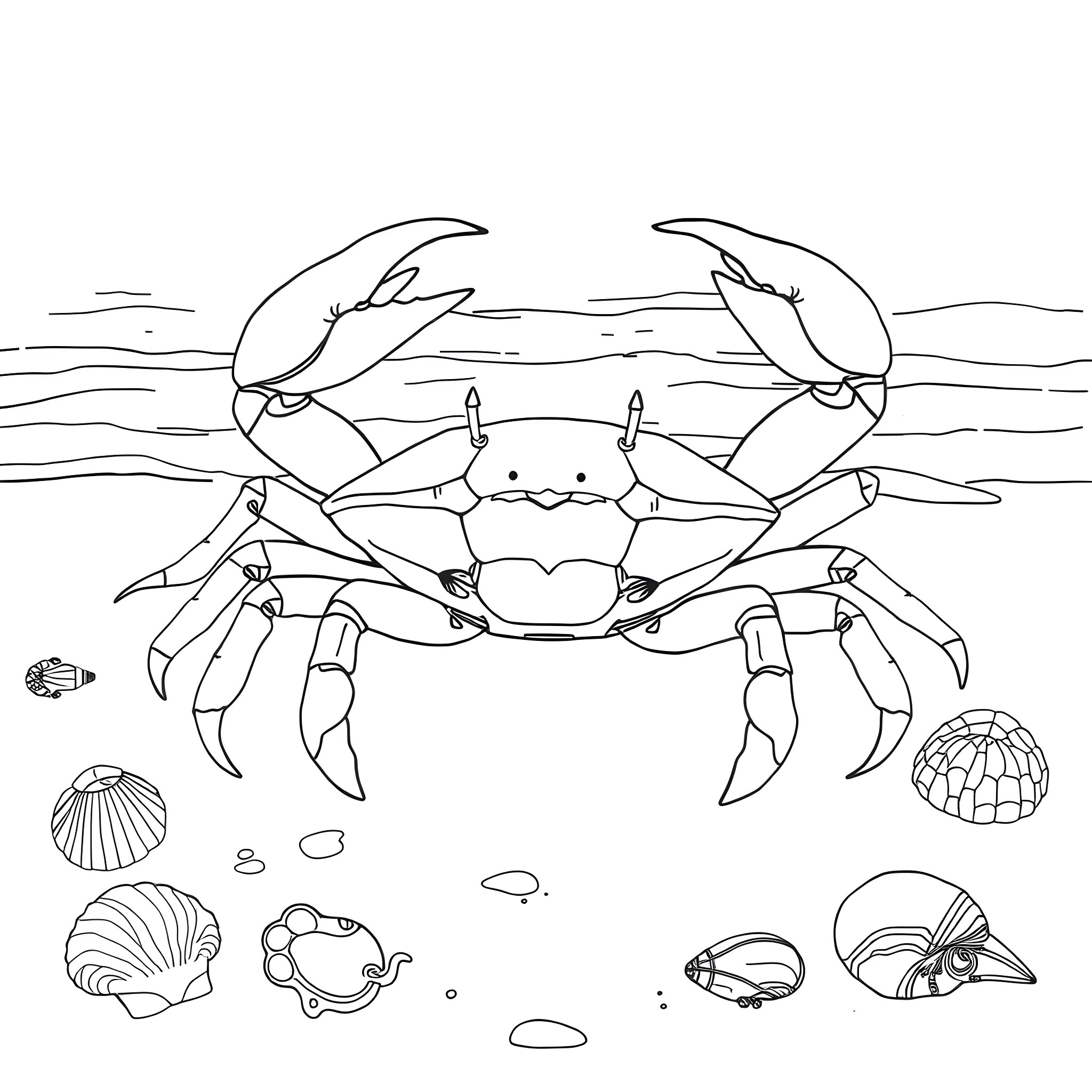 Crab exploring the ocean floor Coloring Page (free black-and-white line drawing printable PDF for all, from beginners to advanced learners, including children, teens, adults, and seniors)