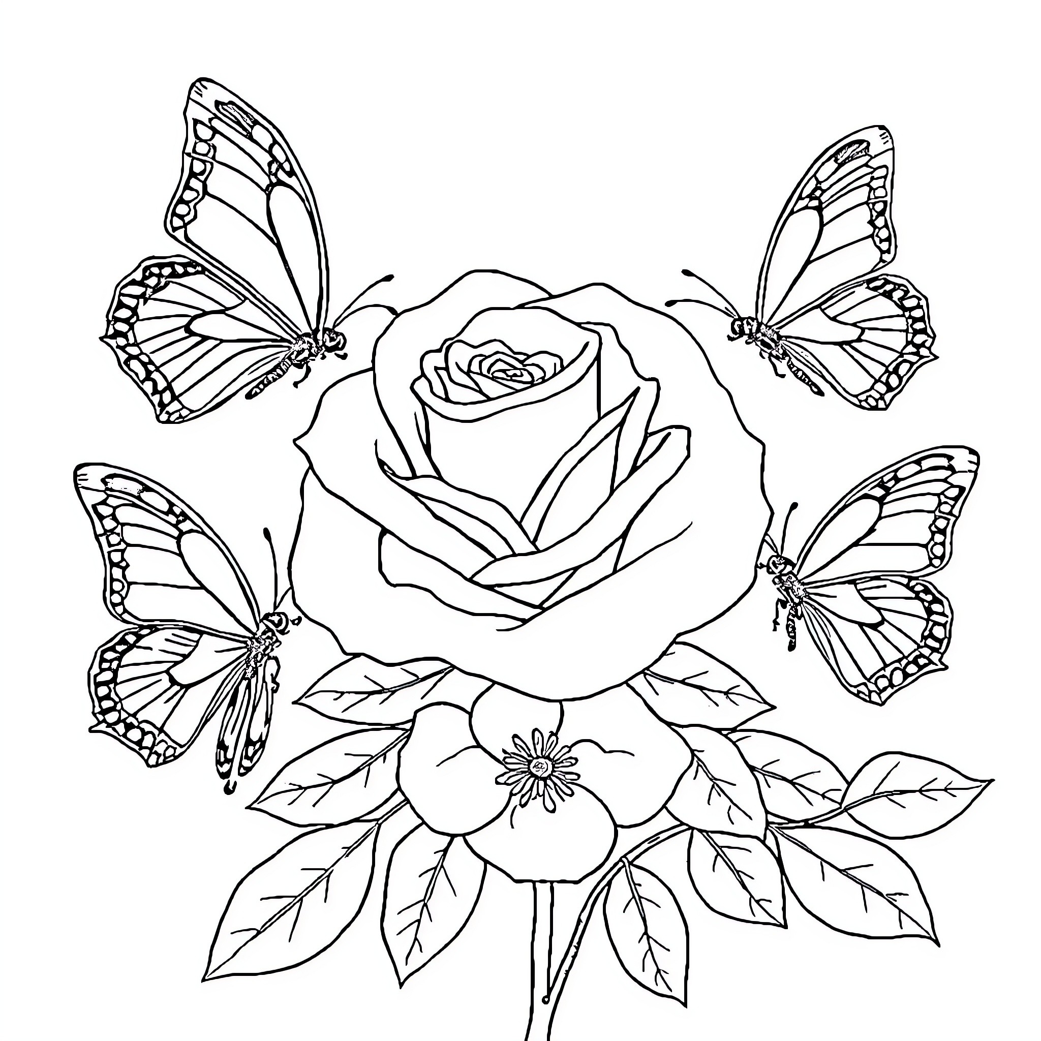 Butterfly Fluttering Around a Rose Bouquet Coloring Page (free black-and-white line drawing printable PDF for all, from beginners to advanced learners, including children, teens, adults, and seniors)