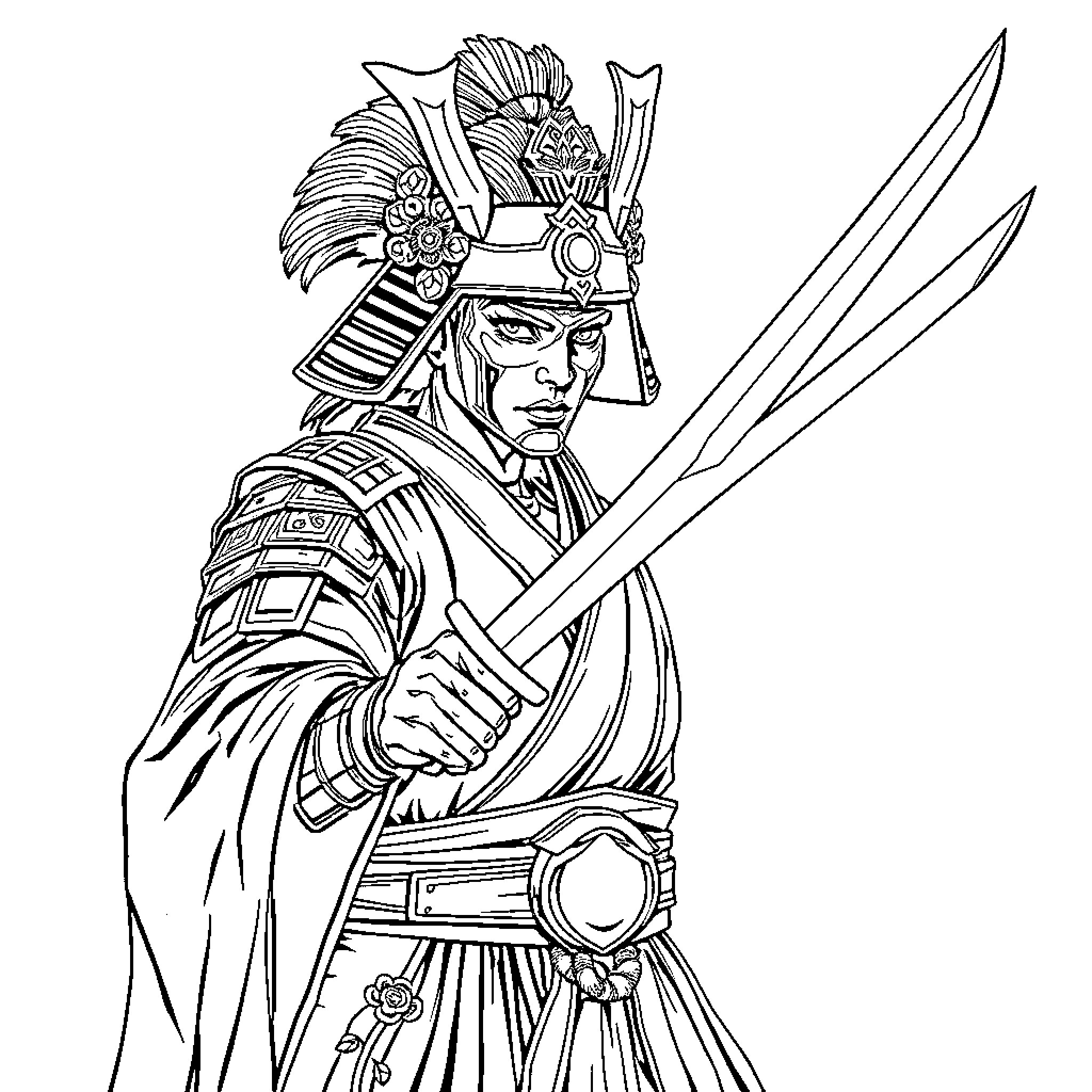 Samurai in Ceremonial Armor Wielding Swords Coloring Page (free black-and-white line drawing printable PDF for all, from beginners to advanced learners, including children, teens, adults, and seniors)