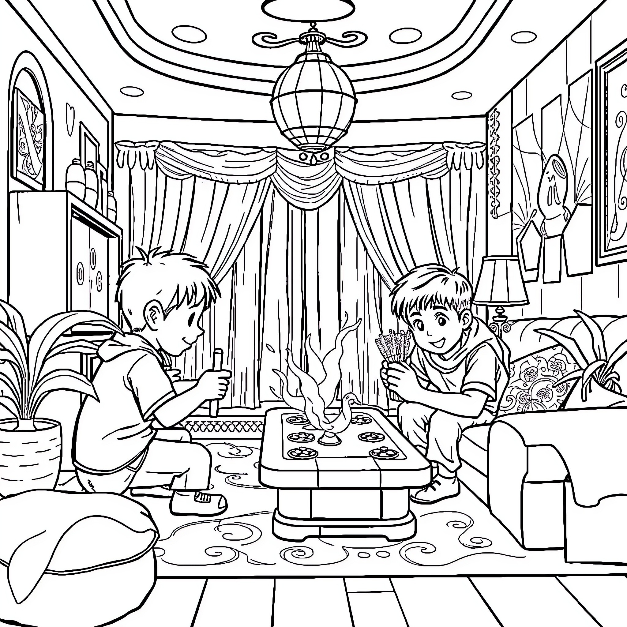 Pumuda: Children Enjoying a Cozy Indoor Playtime Coloring Page (free black-and-white line drawing printable PDF for all, from beginners to advanced learners, including children, teens, adults, and seniors)