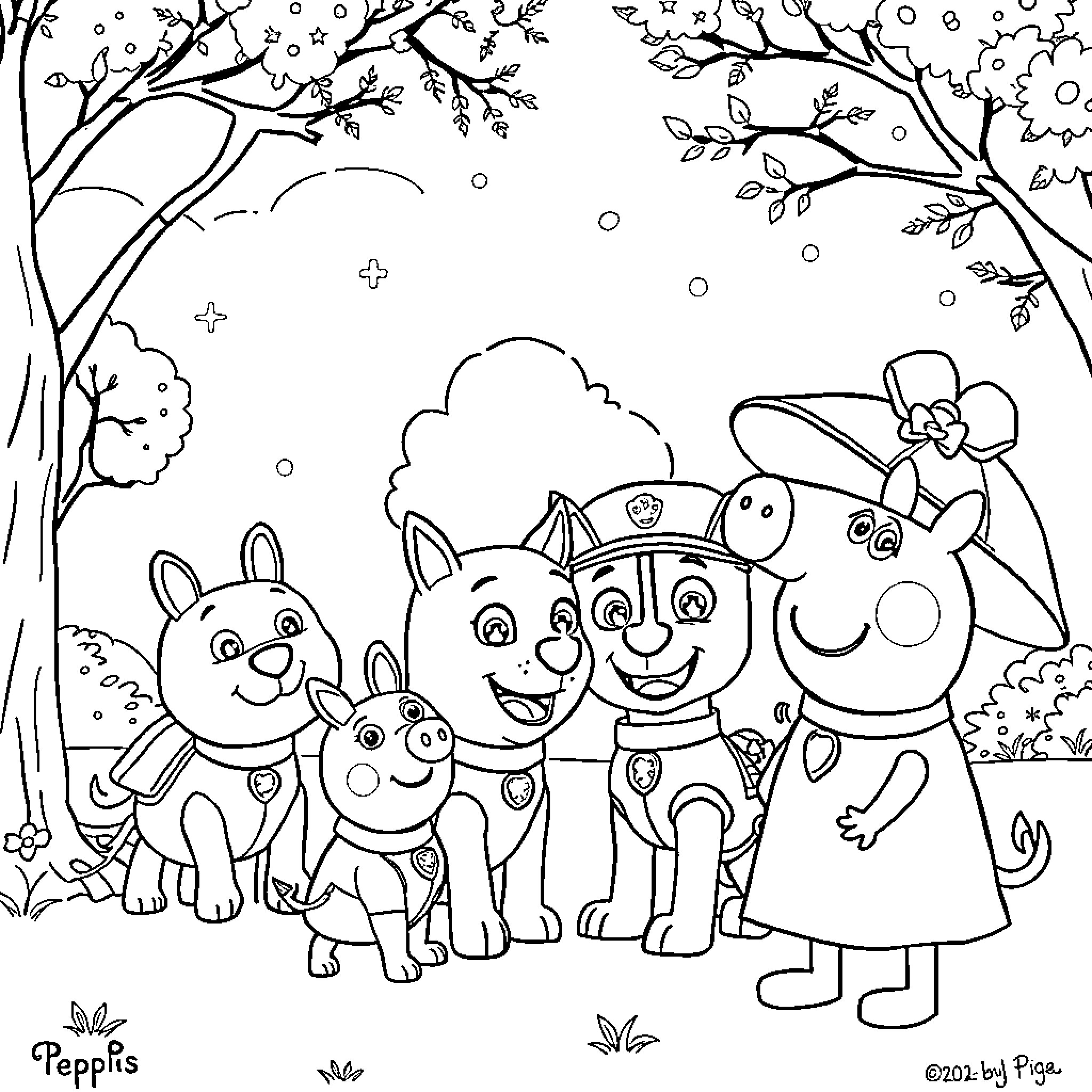 Paw Patrol pups exploring the enchanted forest Coloring Page (free black-and-white line drawing printable PDF for all, from beginners to advanced learners, including children, teens, adults, and seniors)