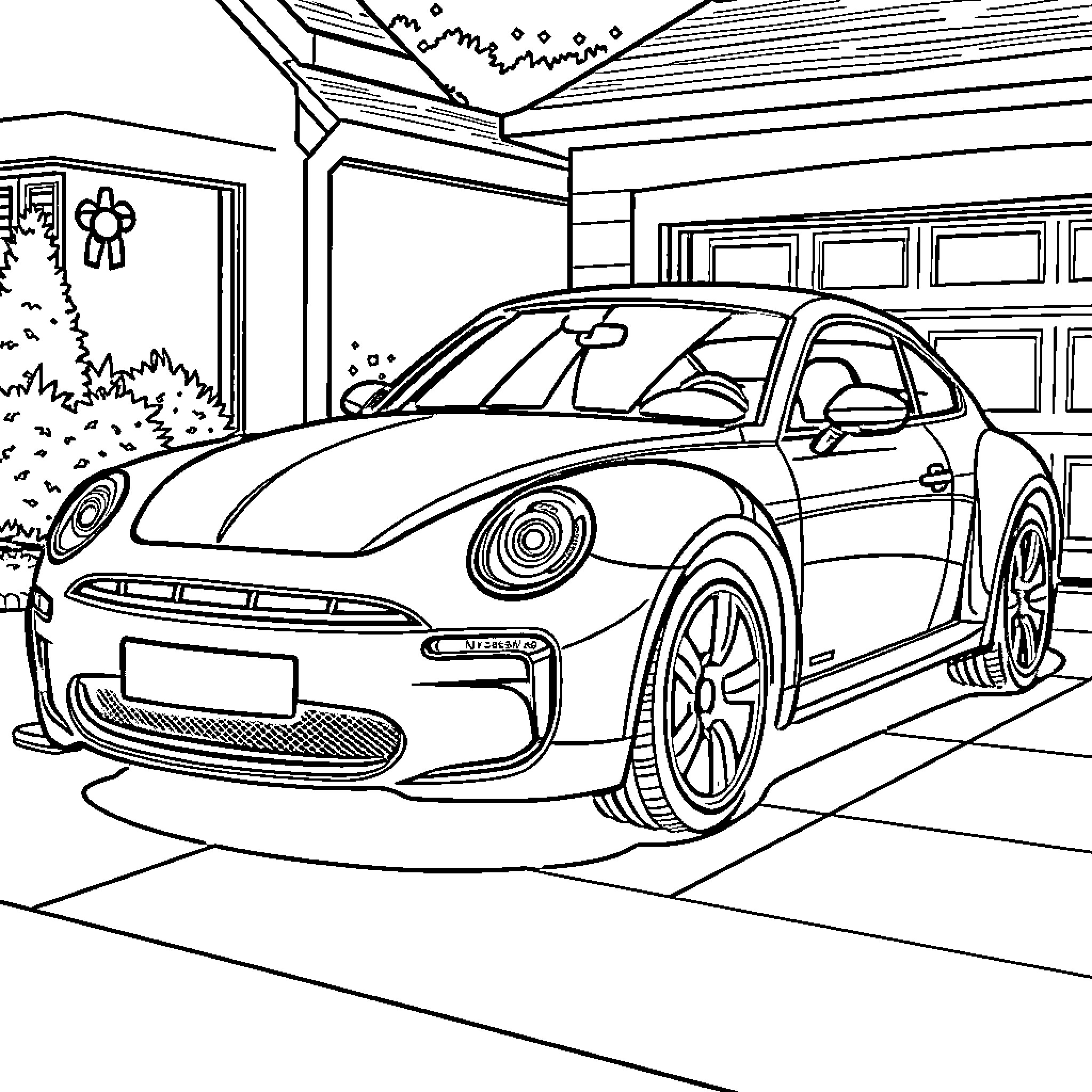 Car Parked in Garage with Holiday Decorations Coloring Page (free black-and-white line drawing printable PDF for all, from beginners to advanced learners, including children, teens, adults, and seniors)