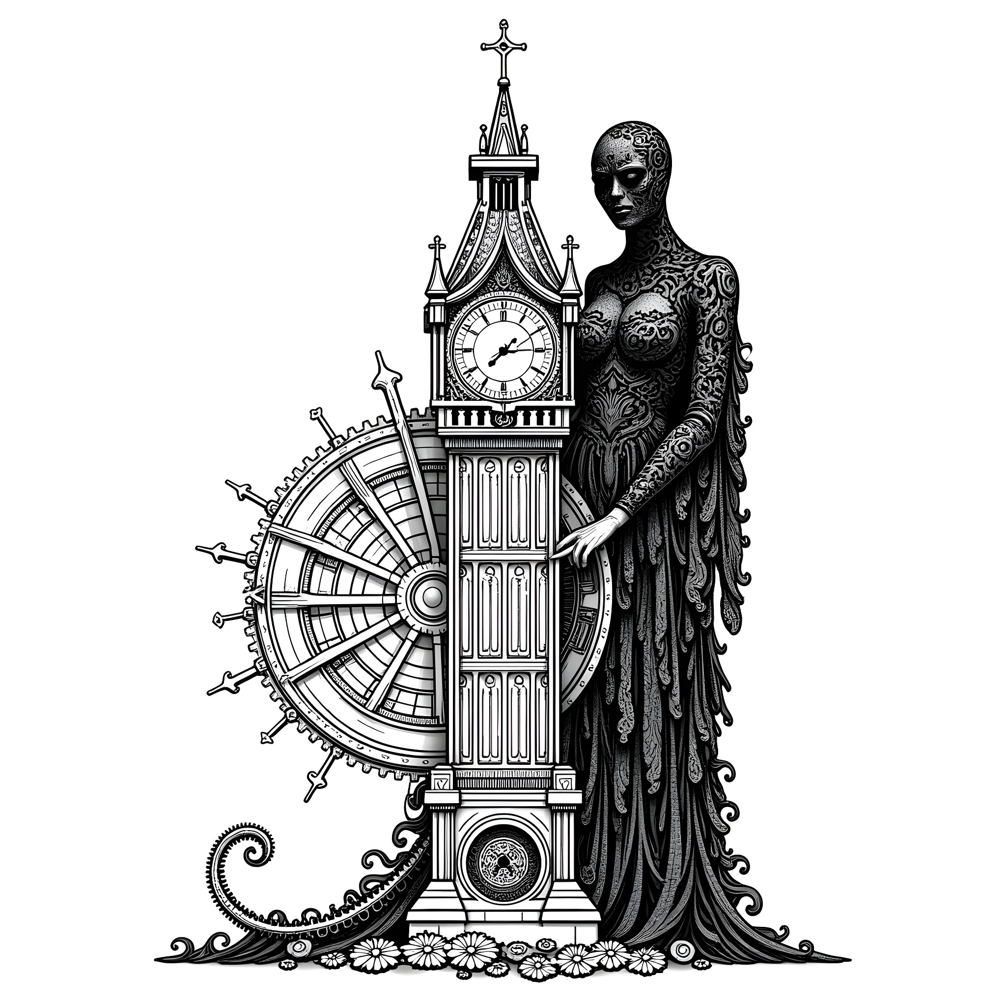 Clockwork Figure Adorned in Intricate Robes Coloring Page (free black-and-white line drawing printable PDF for all, from beginners to advanced learners, including children, teens, adults, and seniors)