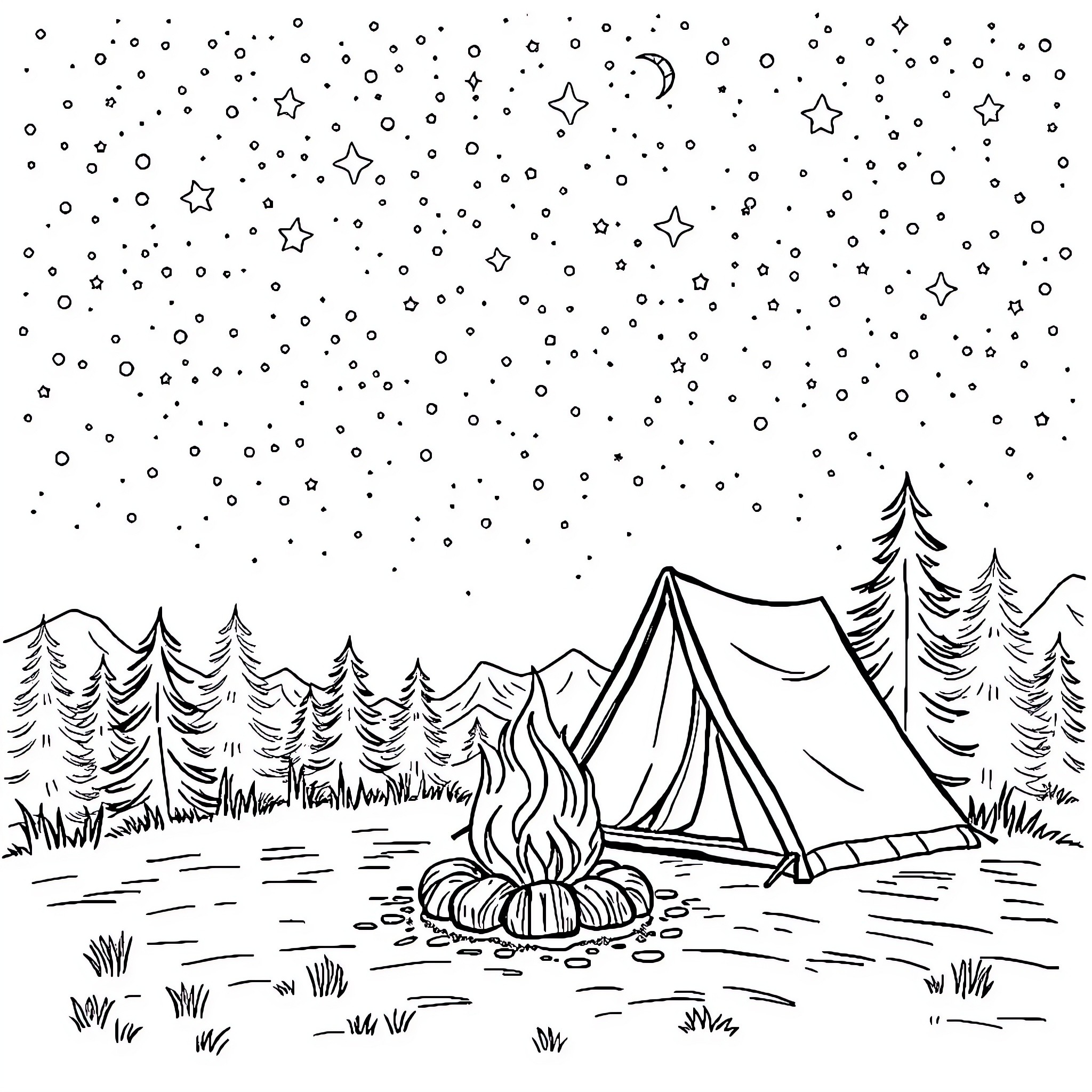 Camping under the starry night sky Coloring Page (free black-and-white line drawing printable PDF for all, from beginners to advanced learners, including children, teens, adults, and seniors)