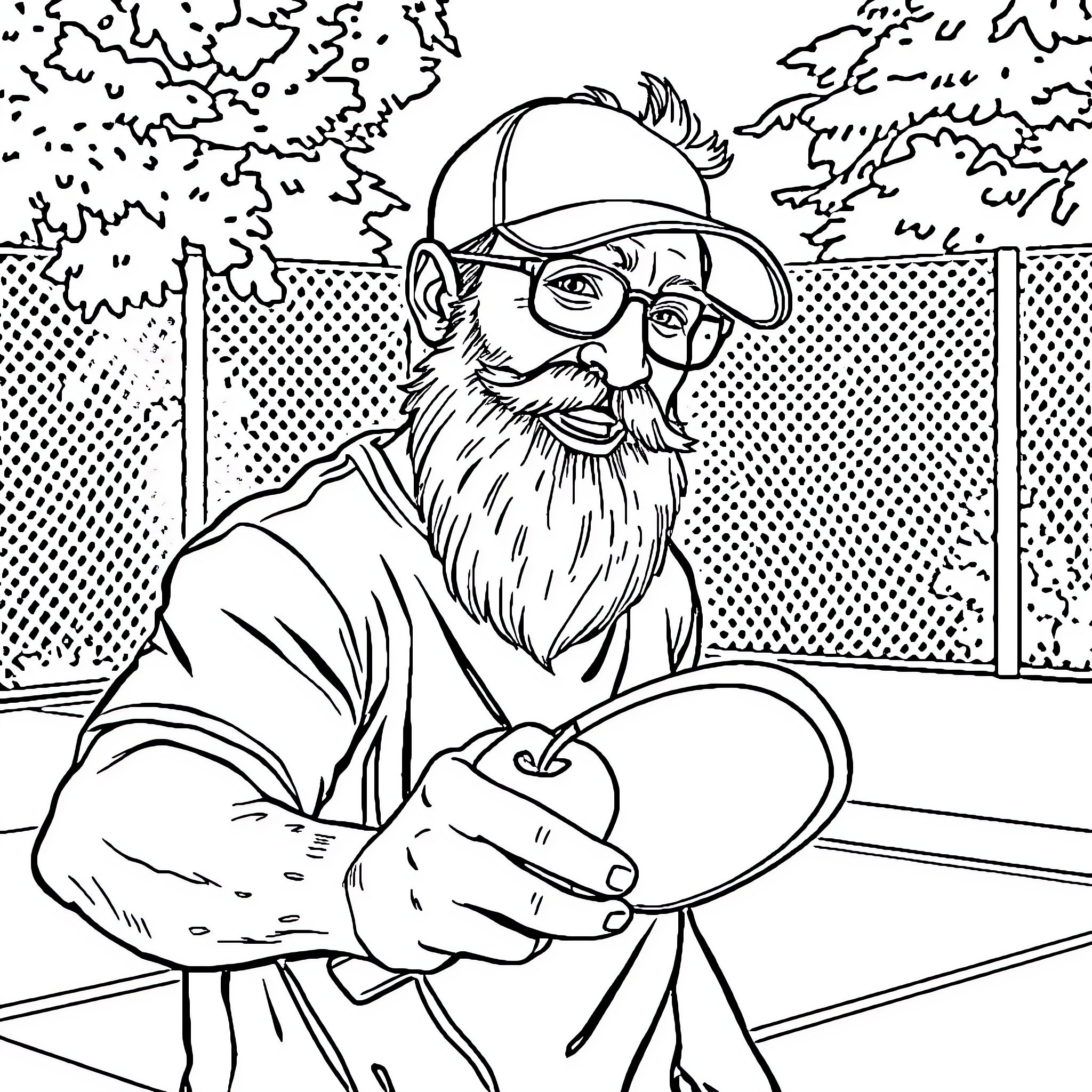 Apple Farmer Tending to His Crop Coloring Page (free black-and-white line drawing printable PDF for all, from beginners to advanced learners, including children, teens, adults, and seniors)