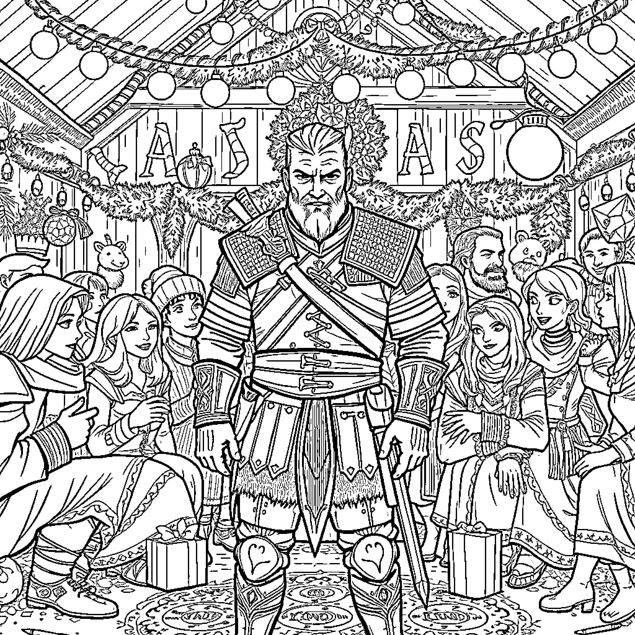 Geralt at the Carnival of Celebrations Coloring Page (free black-and-white line drawing printable PDF for all, from beginners to advanced learners, including children, teens, adults, and seniors)