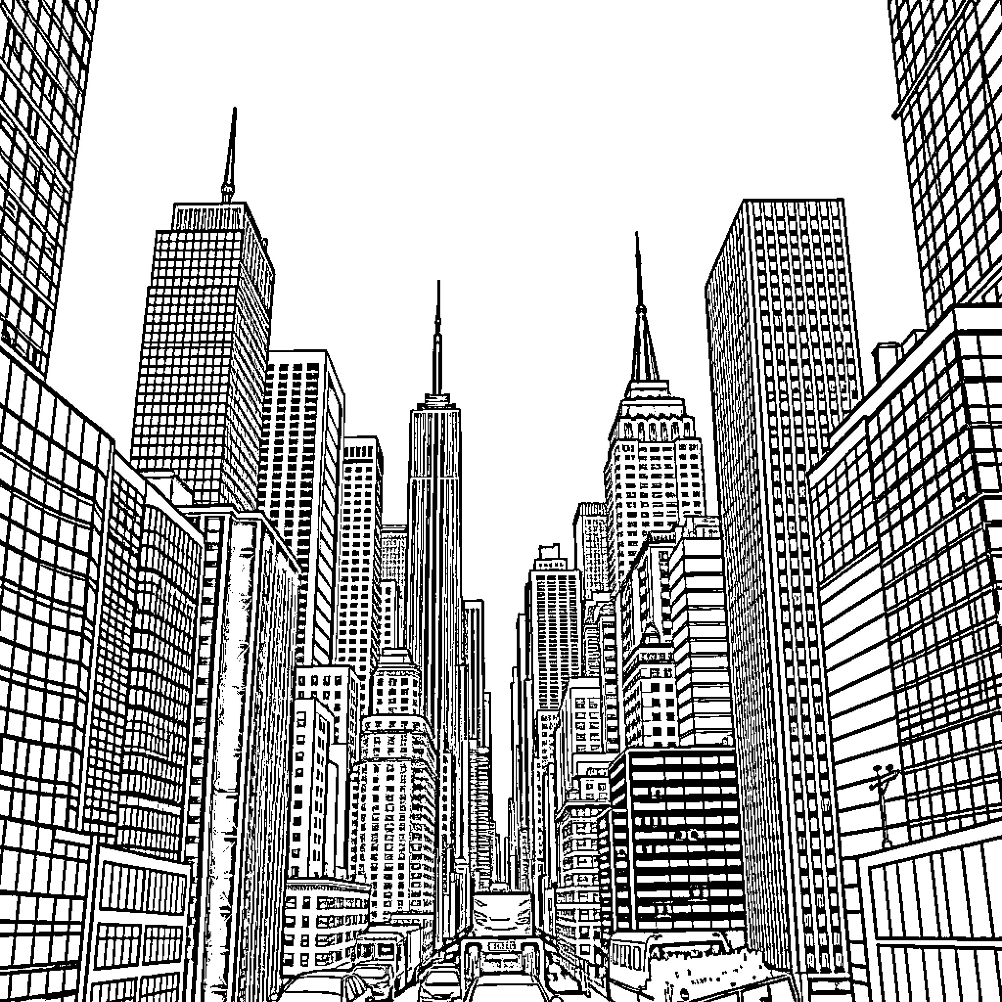 New York City skyline with tall skyscrapers Coloring Page (free black-and-white line drawing printable PDF for all, from beginners to advanced learners, including children, teens, adults, and seniors)