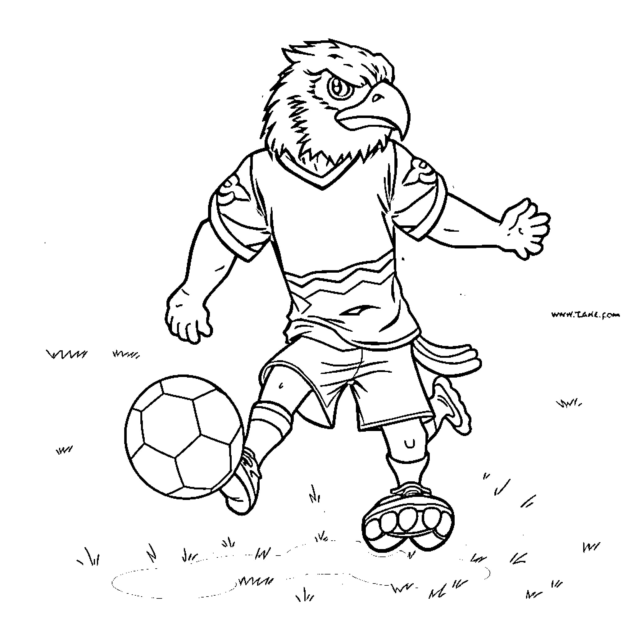 Falcon soccer player kicking ball energetically Coloring Page (free black-and-white line drawing printable PDF for all, from beginners to advanced learners, including children, teens, adults, and seniors)