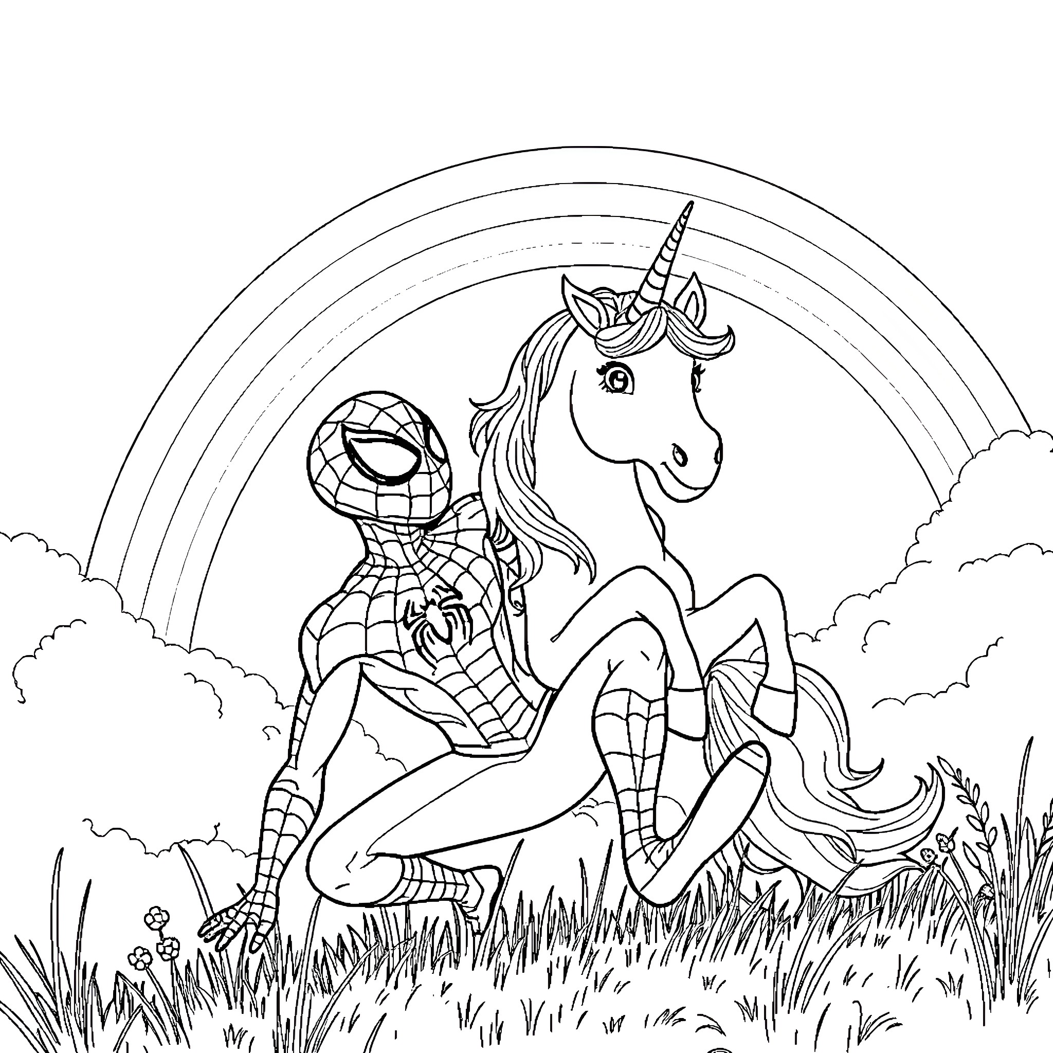 Spiderman rides a magical unicorn in a whimsical setting Coloring Page (free black-and-white line drawing printable PDF for all, from beginners to advanced learners, including children, teens, adults, and seniors)