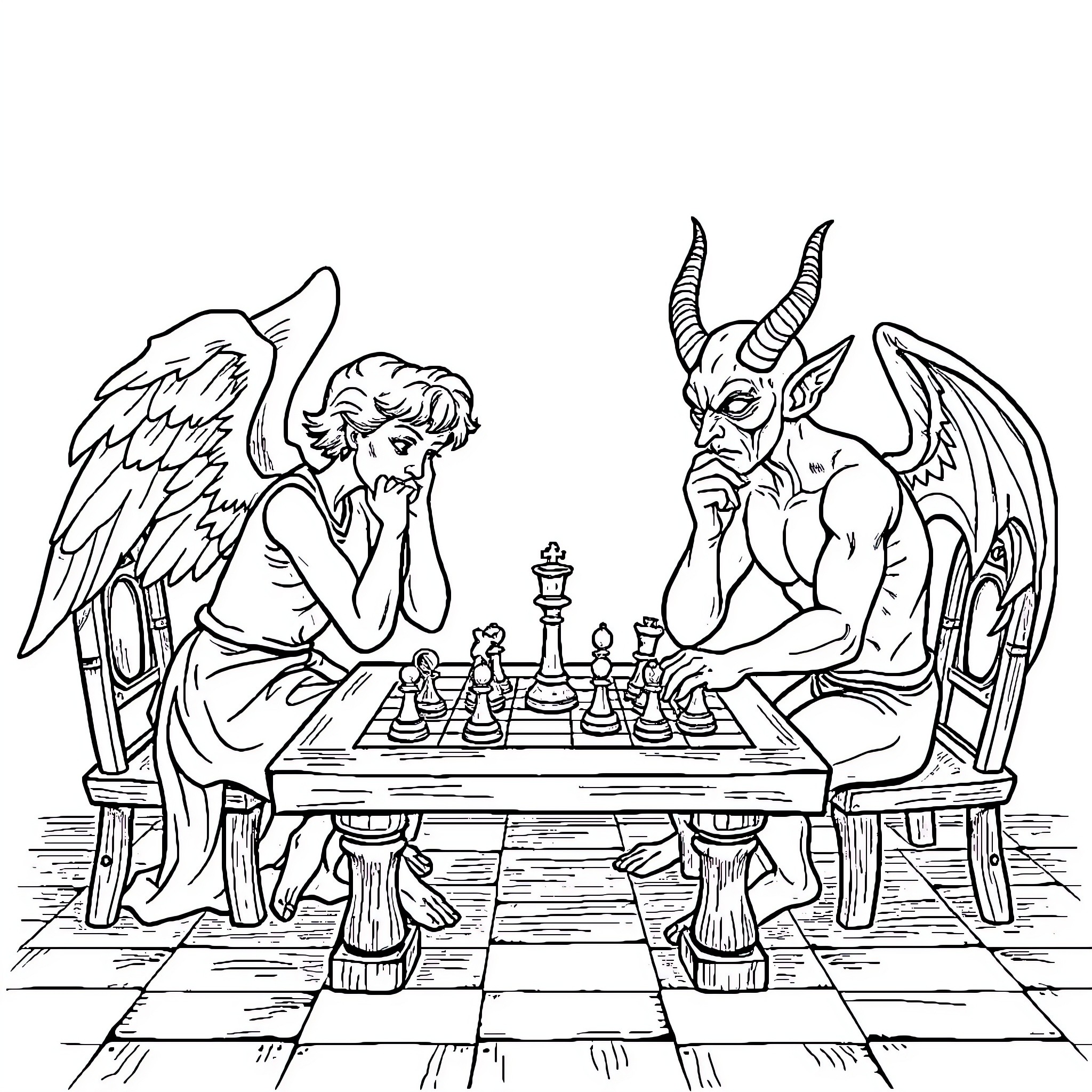Angel and Demon playing Chess Coloring Page (free black-and-white line drawing printable PDF for all, from beginners to advanced learners, including children, teens, adults, and seniors)
