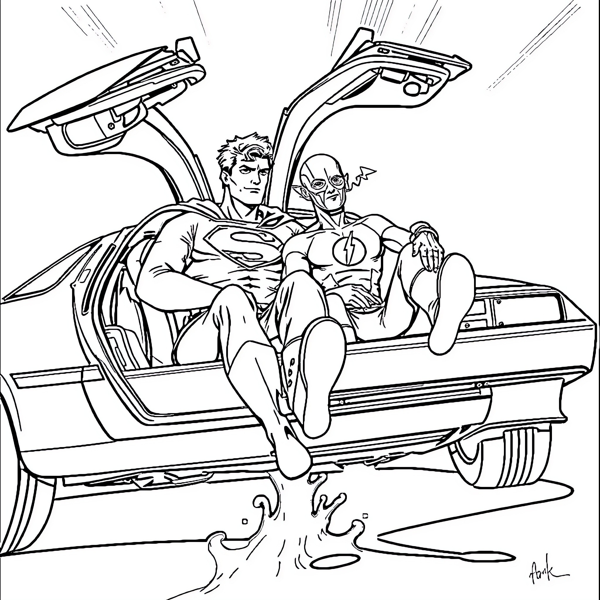 Superman and Darkseid battling in a futuristic vehicle Coloring Page (free black-and-white line drawing printable PDF for all, from beginners to advanced learners, including children, teens, adults, and seniors)