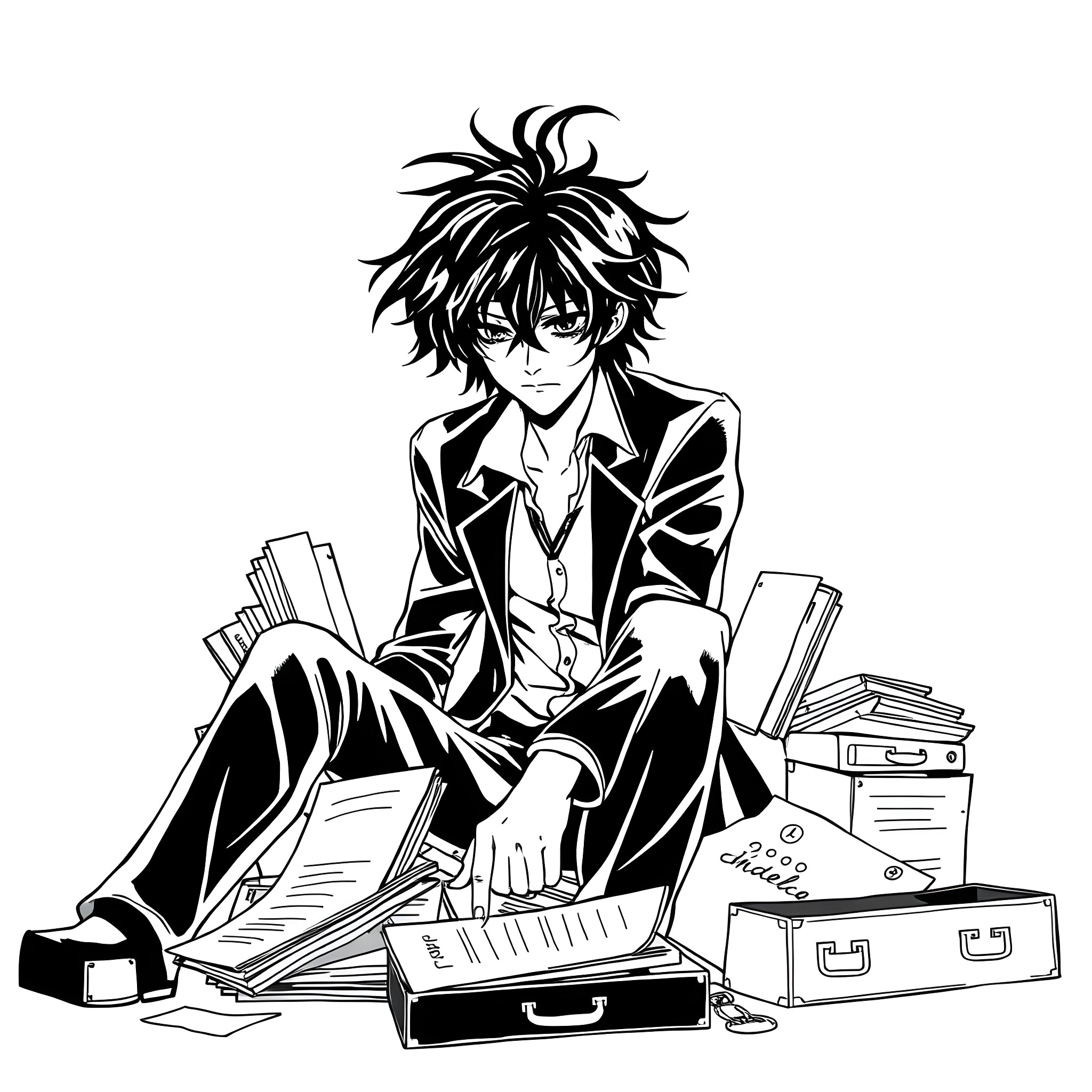 Loner studying diligently in the office Coloring Page (free black-and-white line drawing printable PDF for all, from beginners to advanced learners, including children, teens, adults, and seniors)