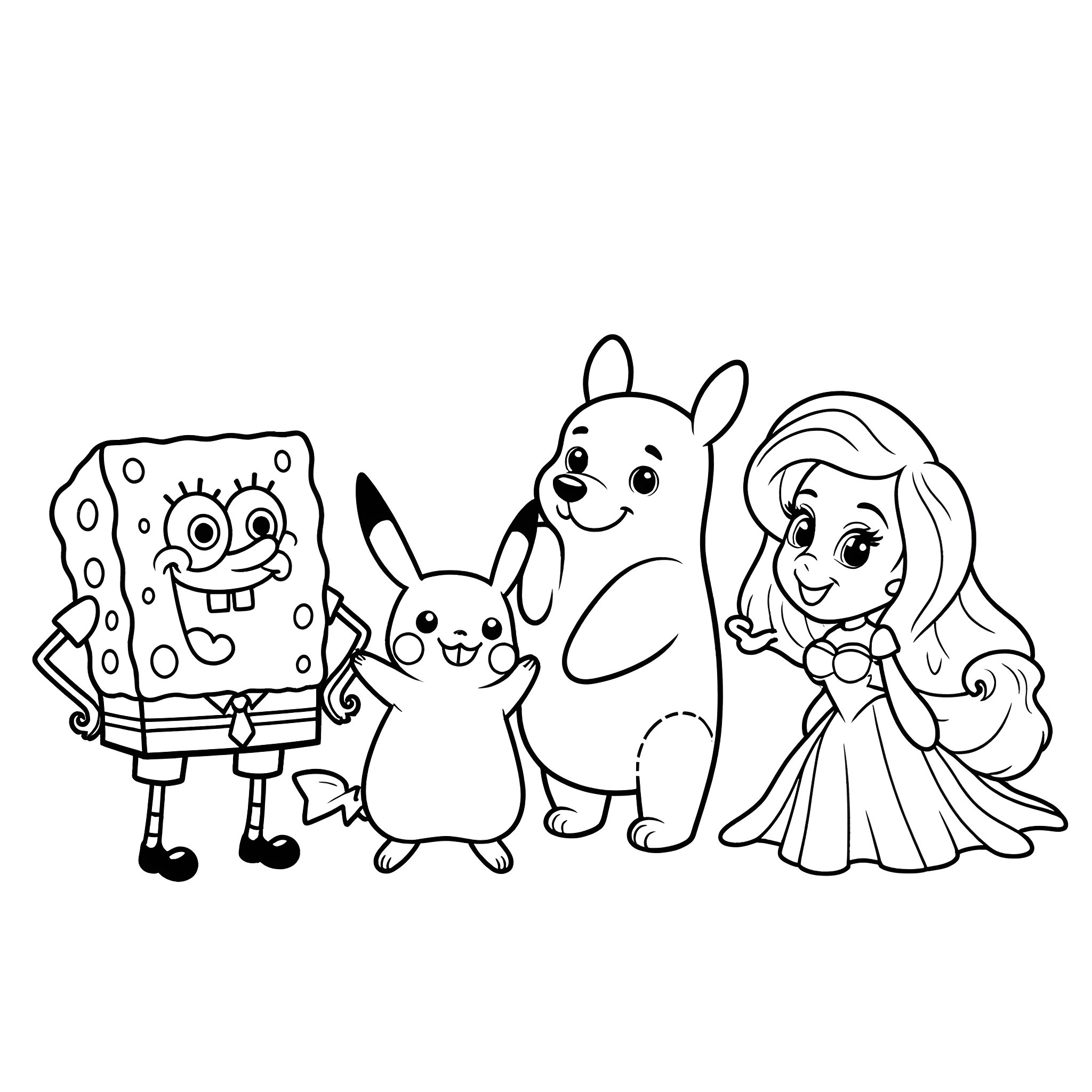Character group of cartoon characters in fun poses Coloring Page (free black-and-white line drawing printable PDF for all, from beginners to advanced learners, including children, teens, adults, and seniors)