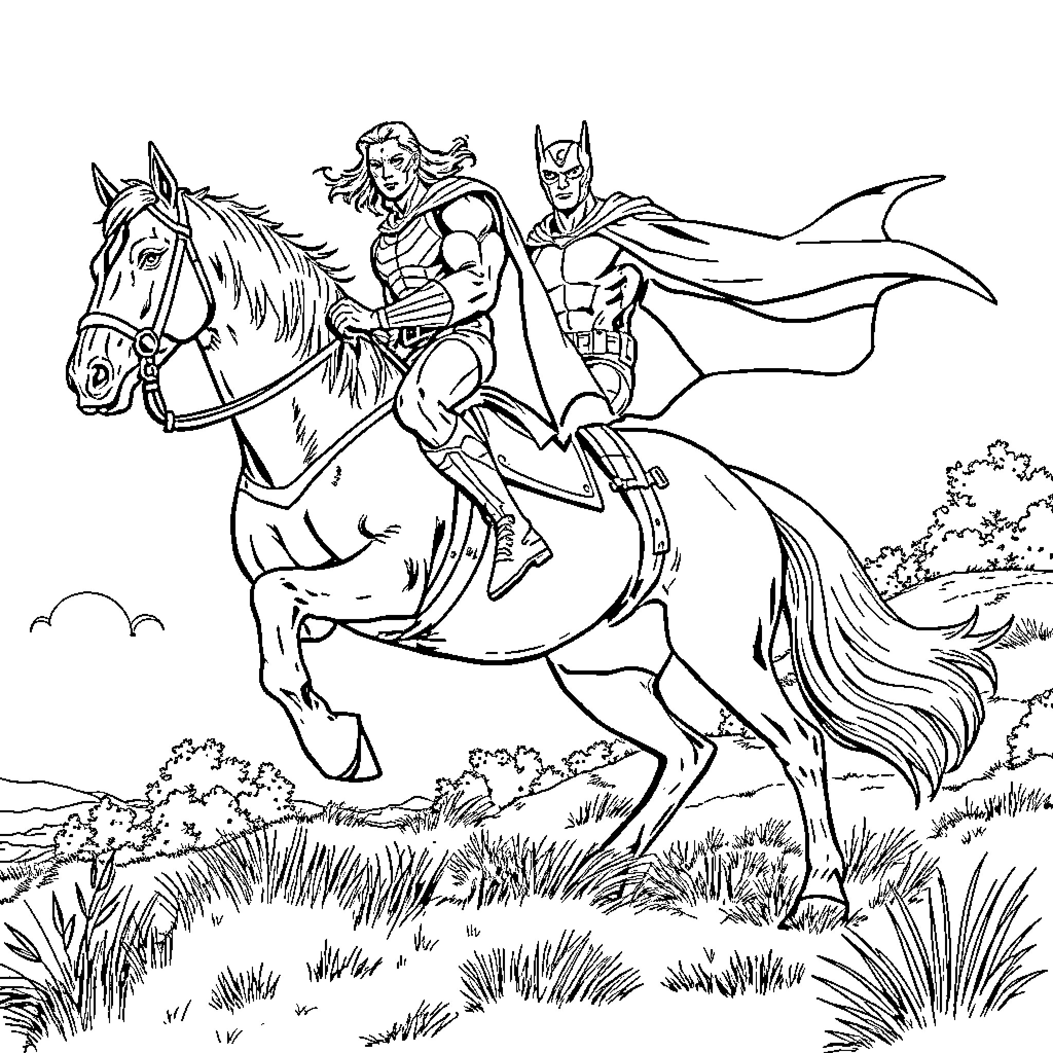 X-Men Heroes Riding on Horseback in Outdoor Adventure Coloring Page (free black-and-white line drawing printable PDF for all, from beginners to advanced learners, including children, teens, adults, and seniors)