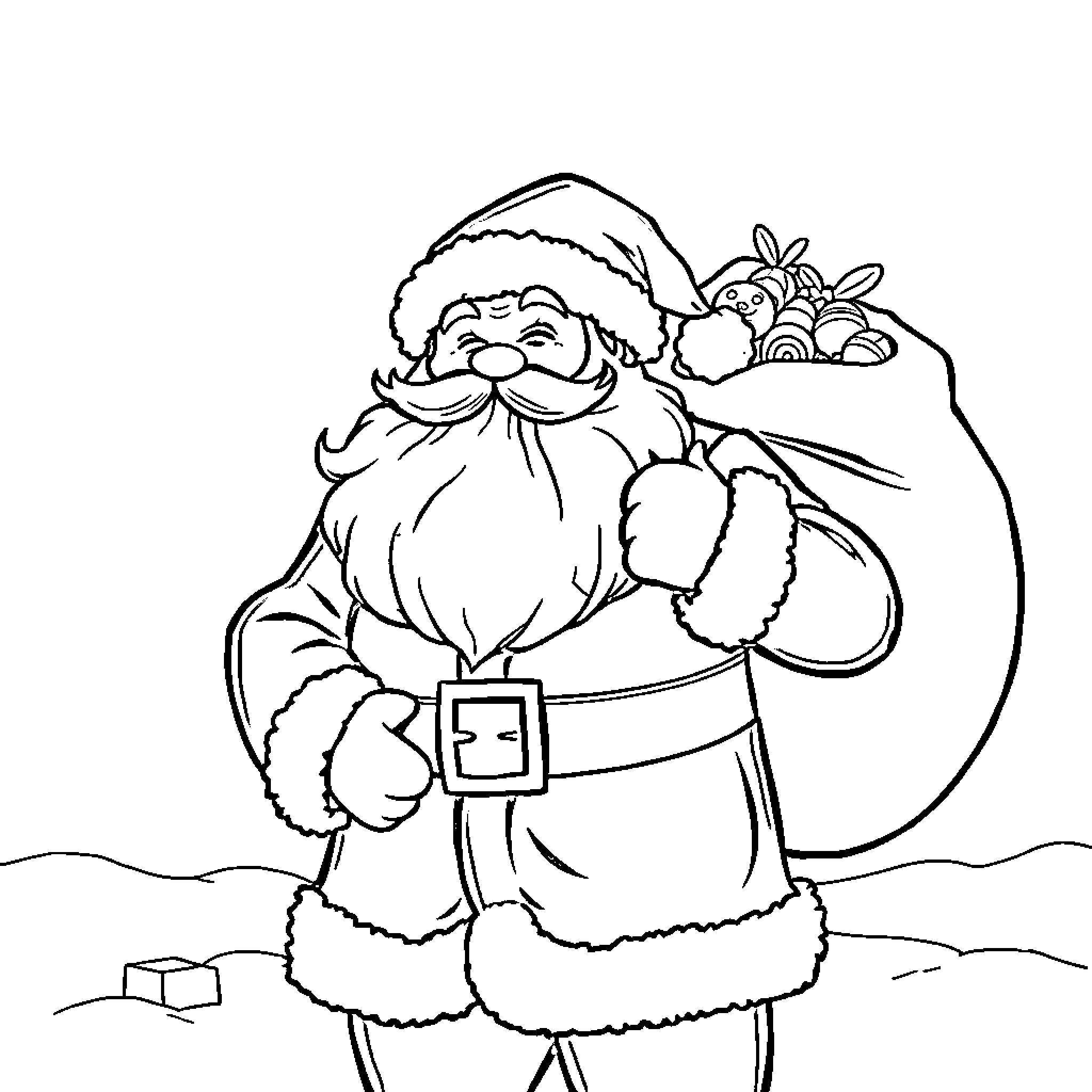 Santa Claus carrying a sack of gifts Coloring Page (free black-and-white line drawing printable PDF for all, from beginners to advanced learners, including children, teens, adults, and seniors)