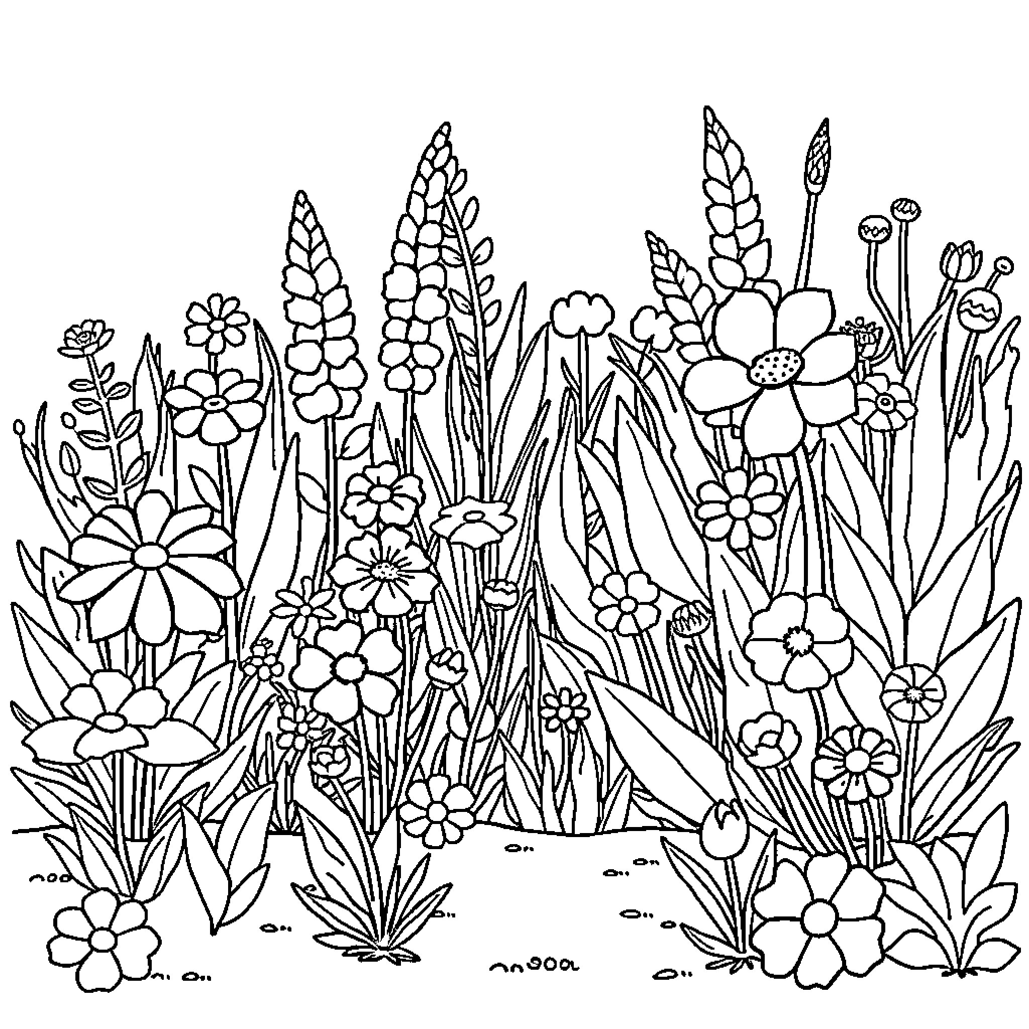 Plant garden with various flowers in bloom Coloring Page (free black-and-white line drawing printable PDF for all, from beginners to advanced learners, including children, teens, adults, and seniors)