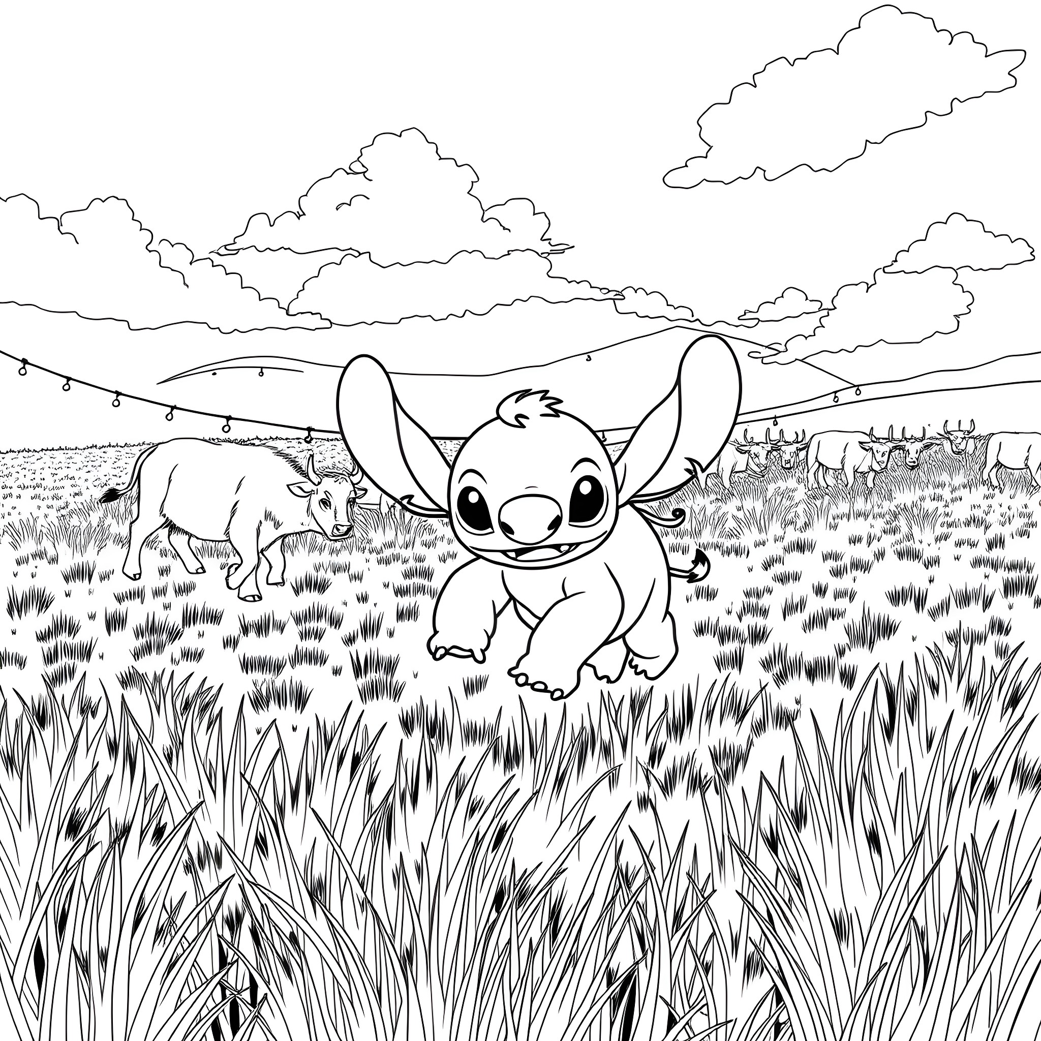 Stitch exploring the countryside landscape Coloring Page (free black-and-white line drawing printable PDF for all, from beginners to advanced learners, including children, teens, adults, and seniors)
