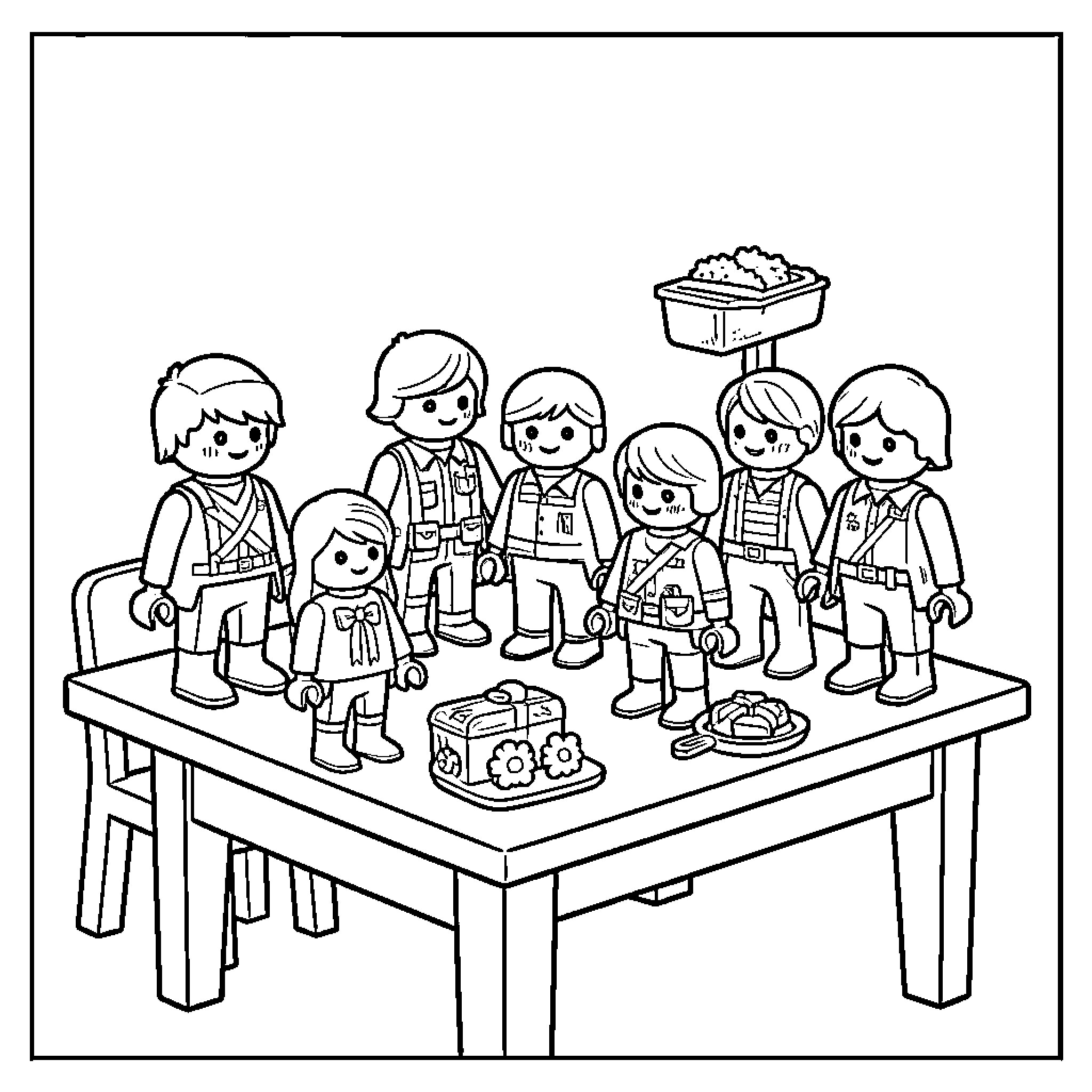 Playmobil figures gathering around a table with food Coloring Page (free black-and-white line drawing printable PDF for all, from beginners to advanced learners, including children, teens, adults, and seniors)