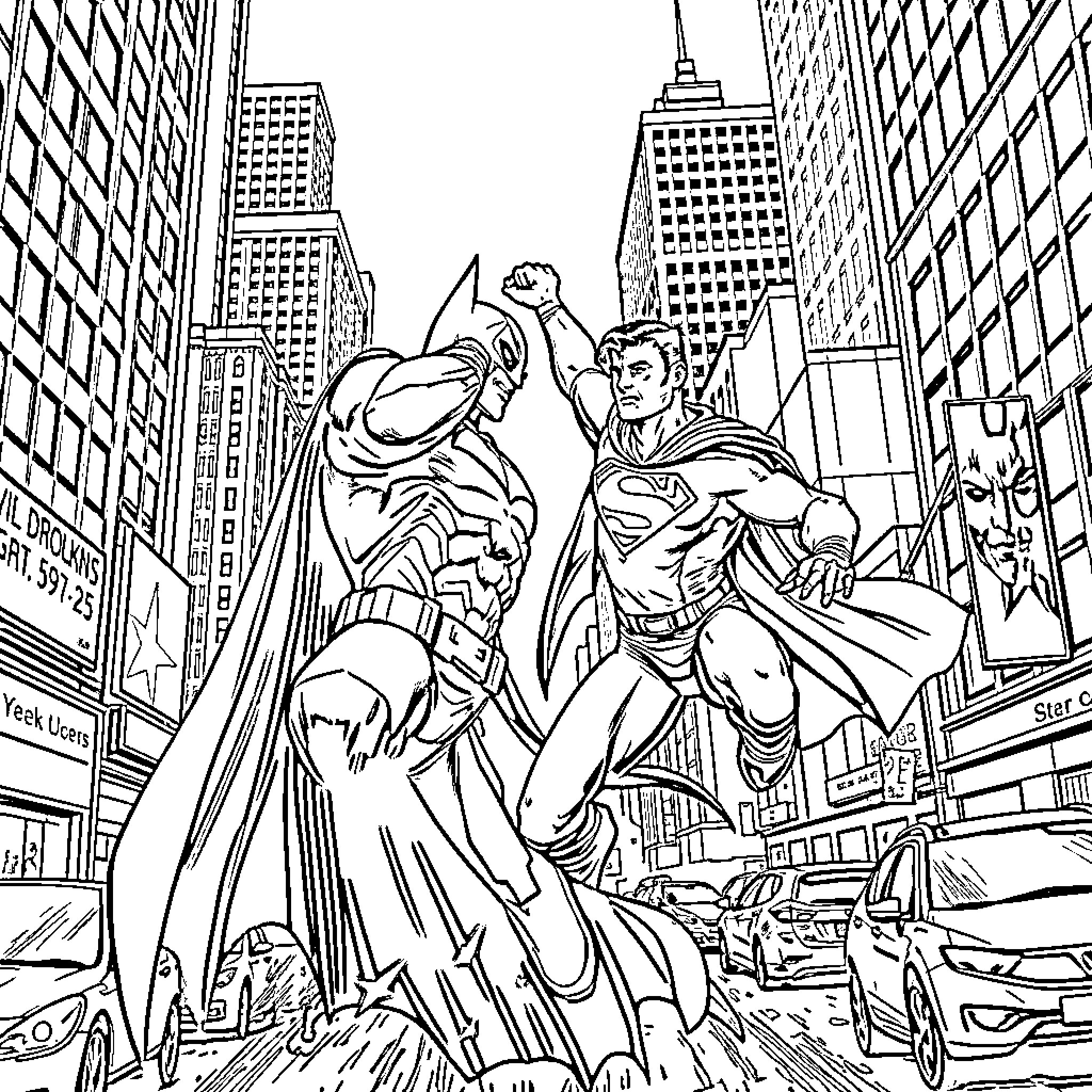 Batman and Superman battling in the city Coloring Page (free black-and-white line drawing printable PDF for all, from beginners to advanced learners, including children, teens, adults, and seniors)