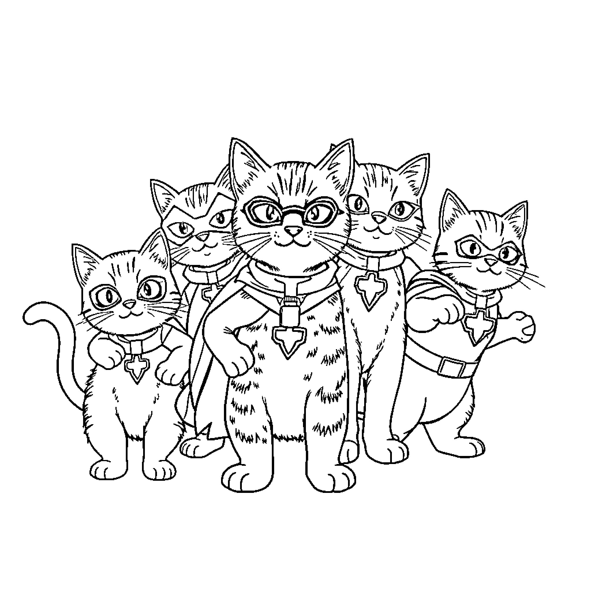 Kitty Cats Gathered Together Coloring Page (free black-and-white line drawing printable PDF for all, from beginners to advanced learners, including children, teens, adults, and seniors)