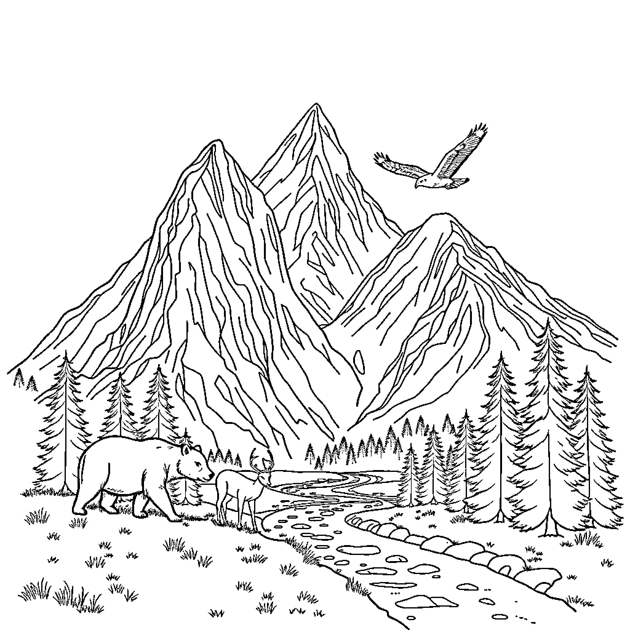 Nature's Majestic Mountain Landscape Coloring Page (free black-and-white line drawing printable PDF for all, from beginners to advanced learners, including children, teens, adults, and seniors)