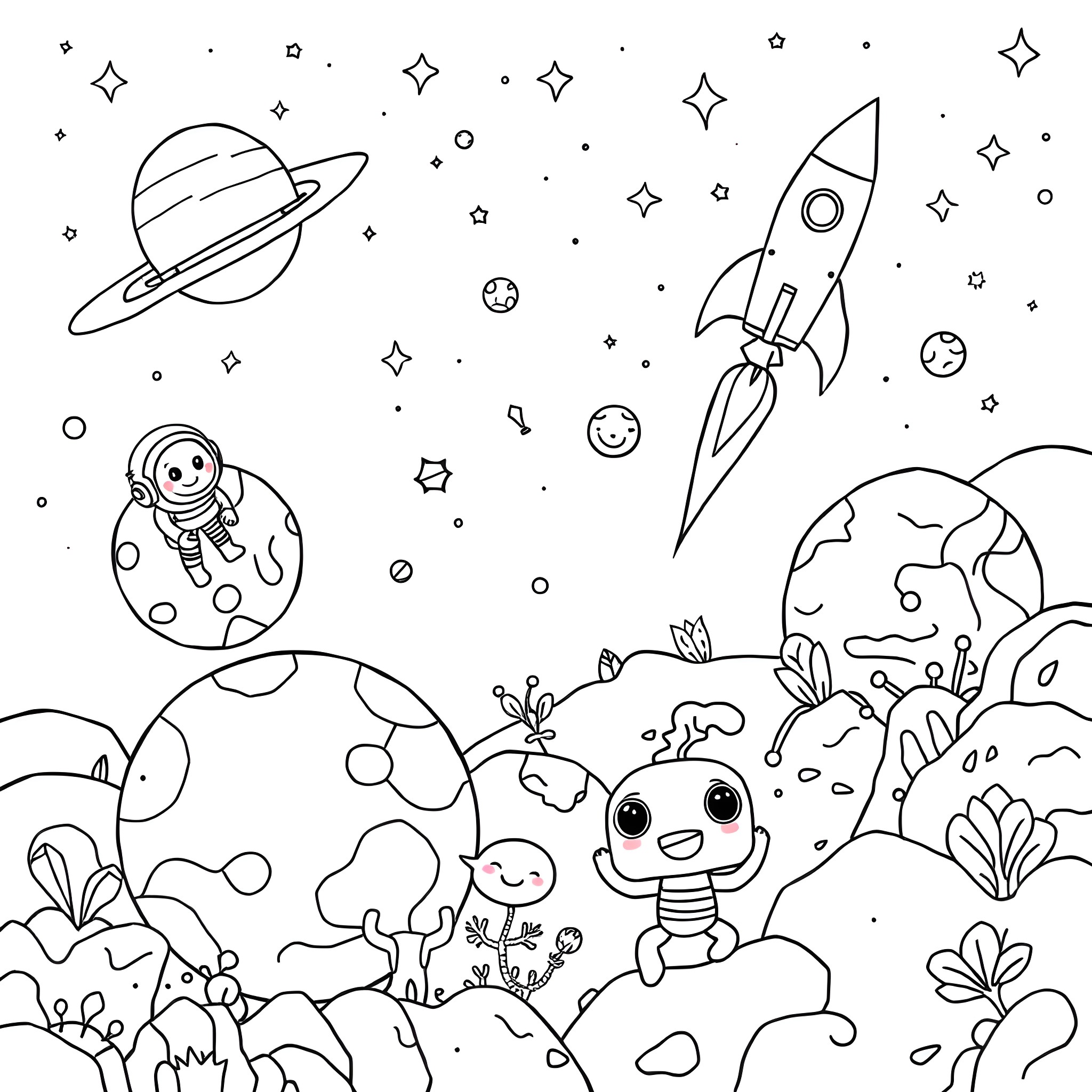 Outer Space Adventure with Rocket and Astronauts Coloring Page (free black-and-white line drawing printable PDF for all, from beginners to advanced learners, including children, teens, adults, and seniors)