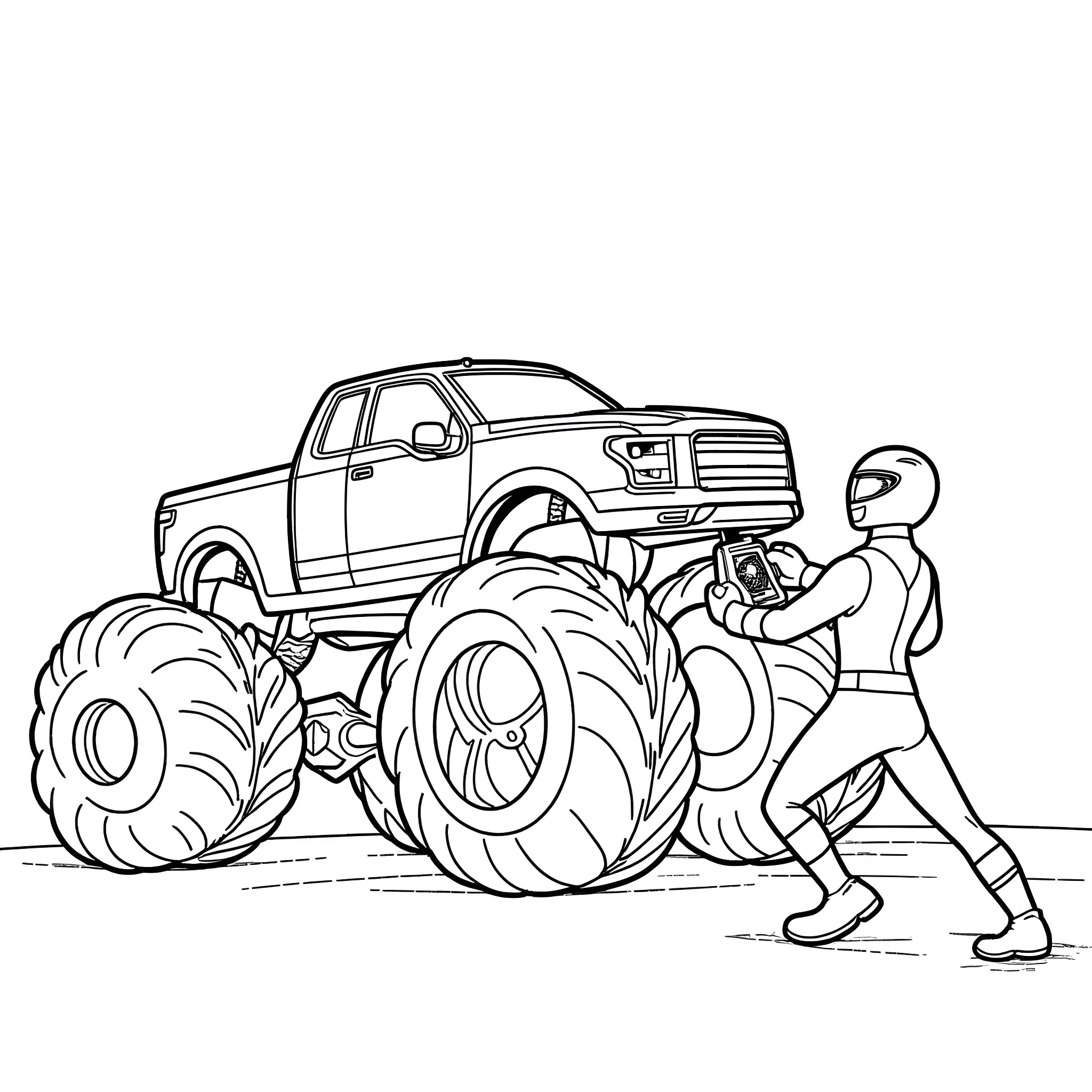 Power Ranger repairs massive monster truck on the field Coloring Page (free black-and-white line drawing printable PDF for all, from beginners to advanced learners, including children, teens, adults, and seniors)