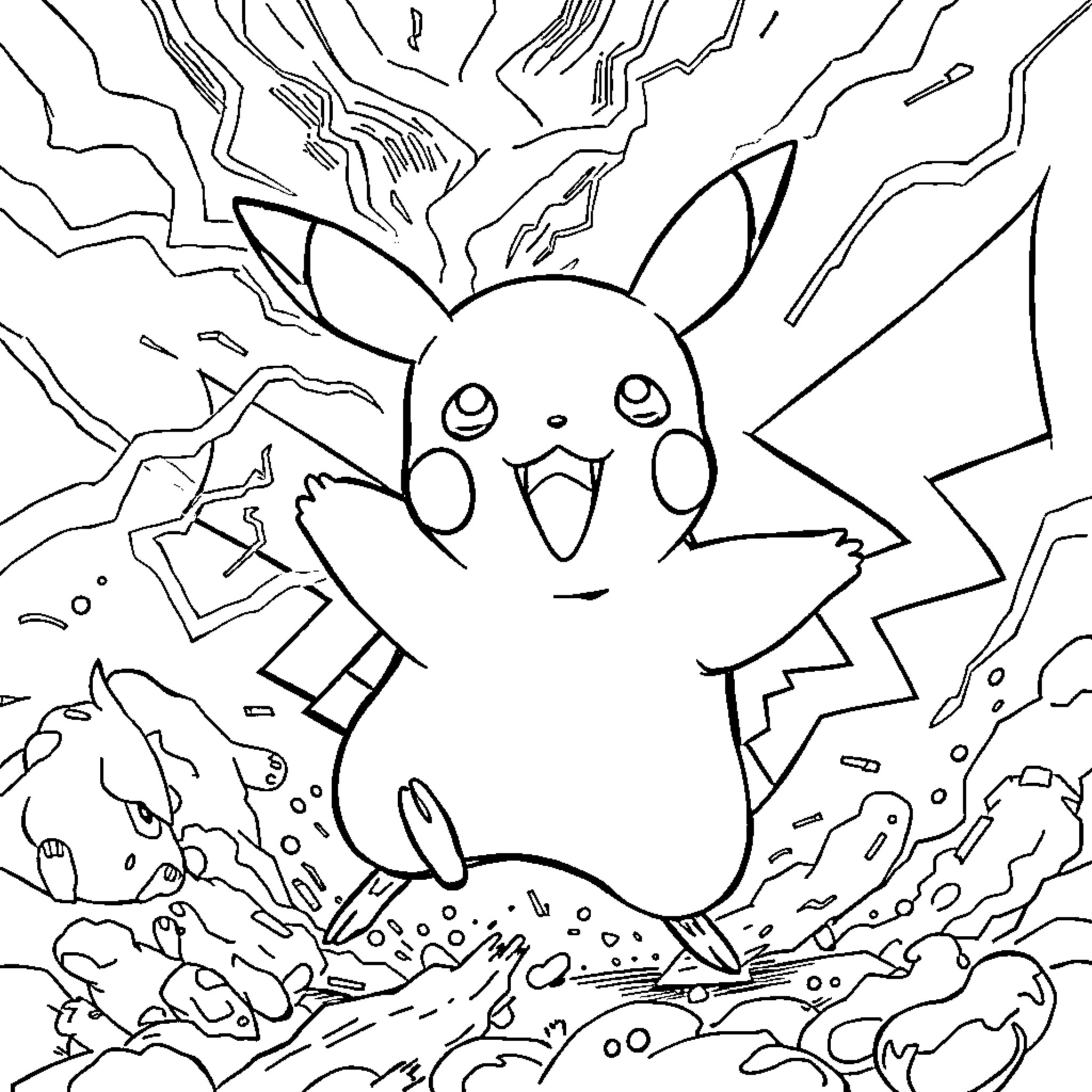 Pikachu facing powerful electricity Coloring Page (free black-and-white line drawing printable PDF for all, from beginners to advanced learners, including children, teens, adults, and seniors)