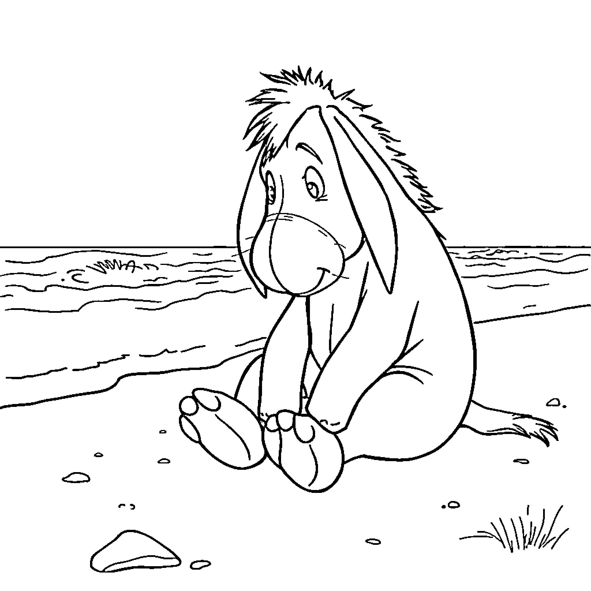 Eeyore relaxing on the beach Coloring Page (free black-and-white line drawing printable PDF for all, from beginners to advanced learners, including children, teens, adults, and seniors)