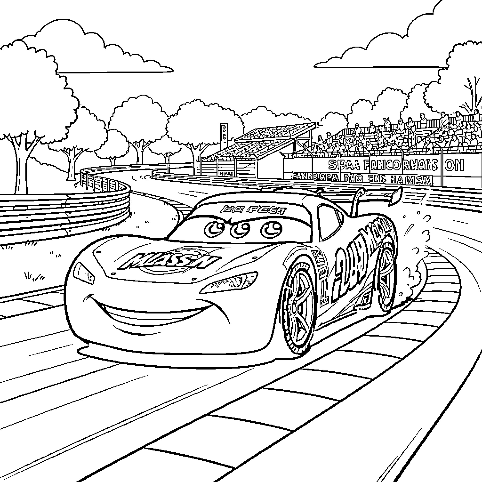 Flash McQueen racing fast on a winding track Coloring Page (free black-and-white line drawing printable PDF for all, from beginners to advanced learners, including children, teens, adults, and seniors)