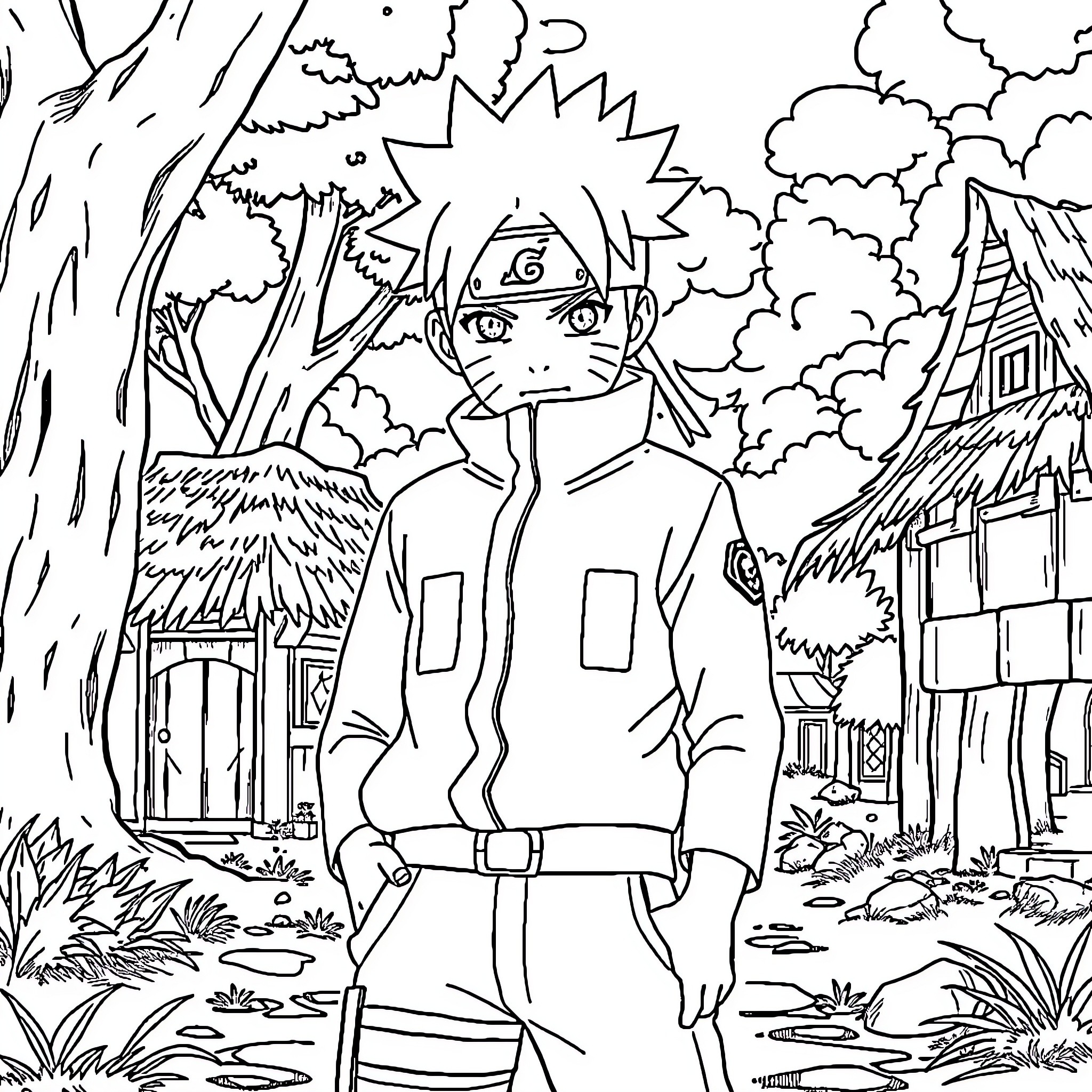 Naruto Exploring the Ninja Village Coloring Page (free black-and-white line drawing printable PDF for all, from beginners to advanced learners, including children, teens, adults, and seniors)