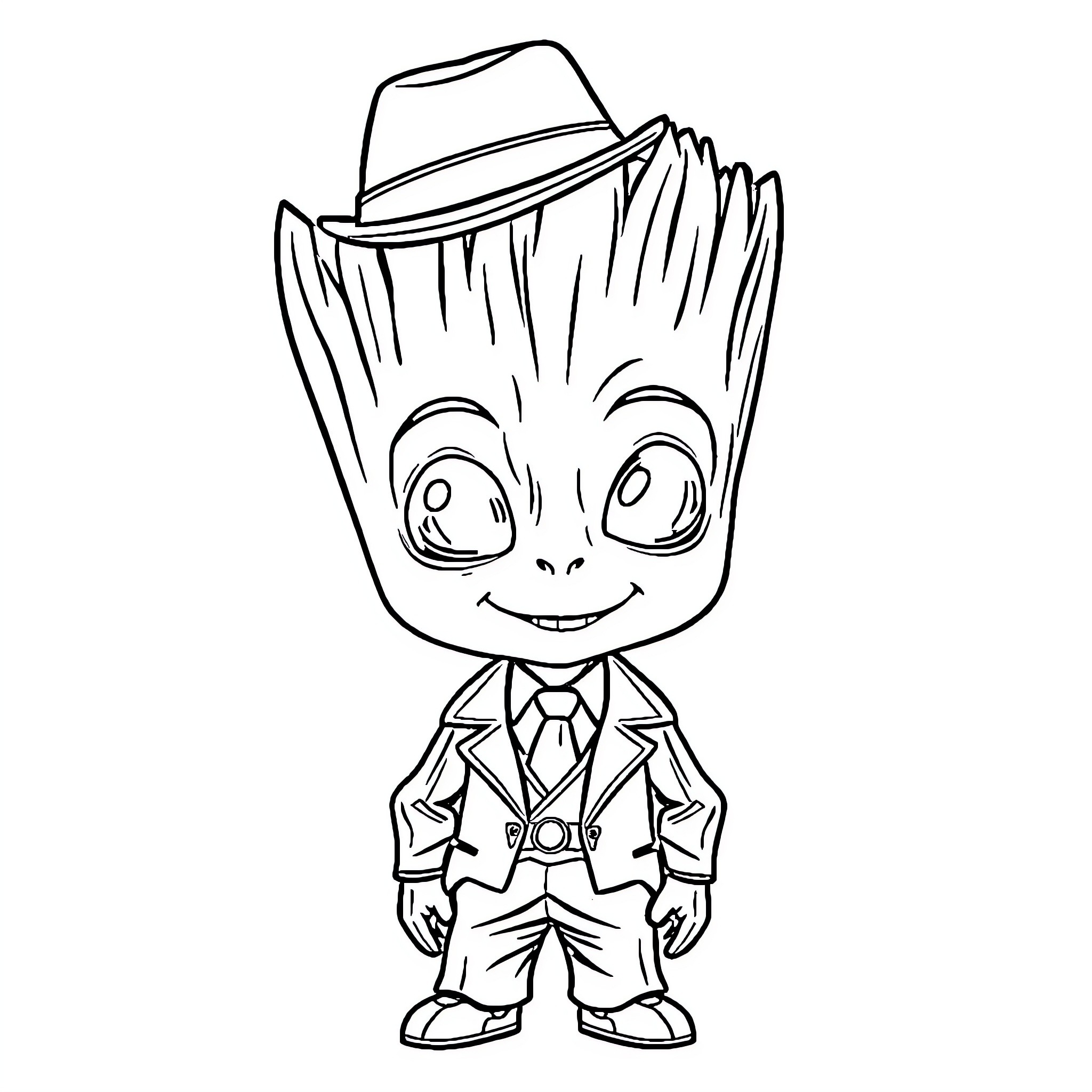 Groot dressed up in a suit and hat Coloring Page (free black-and-white line drawing printable PDF for all, from beginners to advanced learners, including children, teens, adults, and seniors)