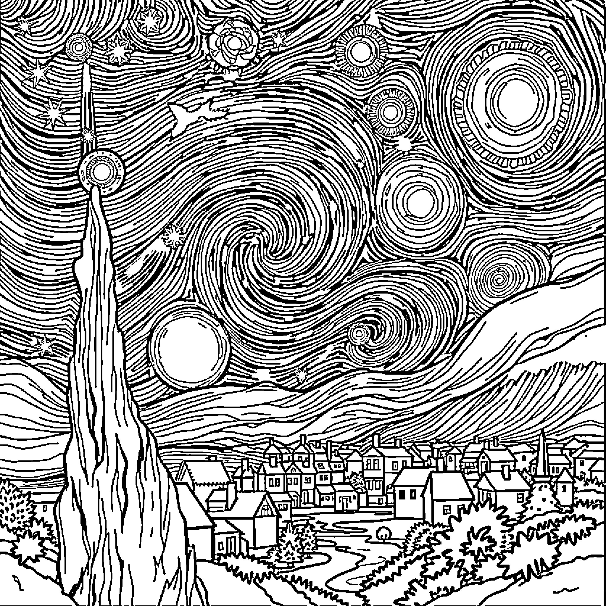Star-Filled Swirling Skies over Tranquil Village Coloring Page (free black-and-white line drawing printable PDF for all, from beginners to advanced learners, including children, teens, adults, and seniors)